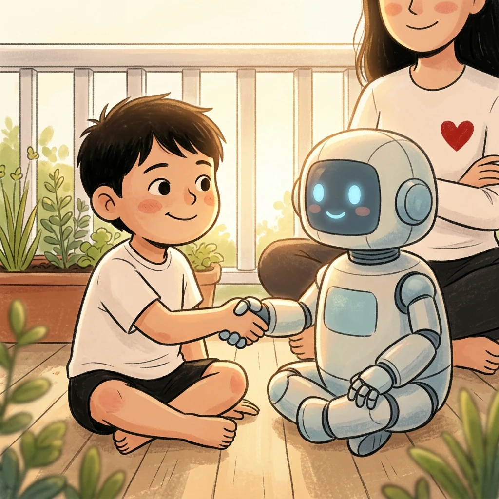Child shaking hands with a friendly robot while parent watches