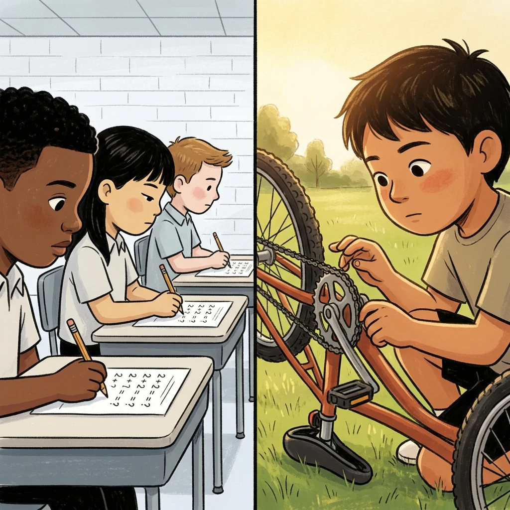 Robot doing homework while a child watches, wondering what their role is now