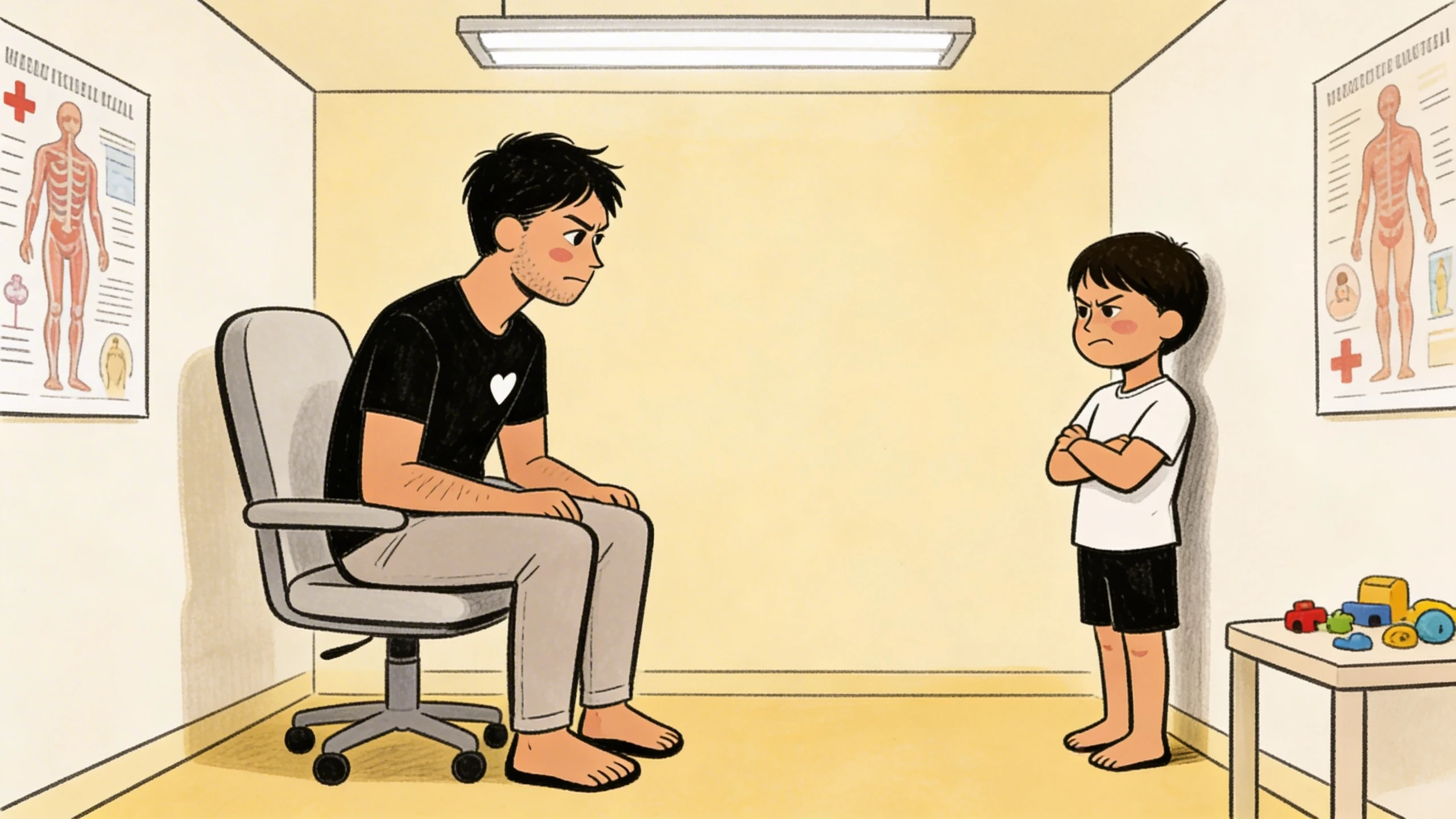 Adult seated low to meet a young child eye-to-eye in a room