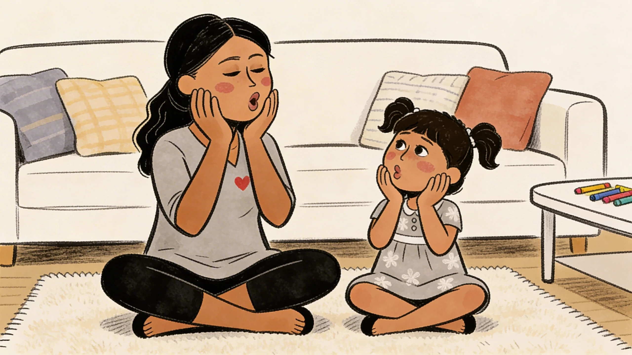 Mother and daughter sit cross-legged on a rug