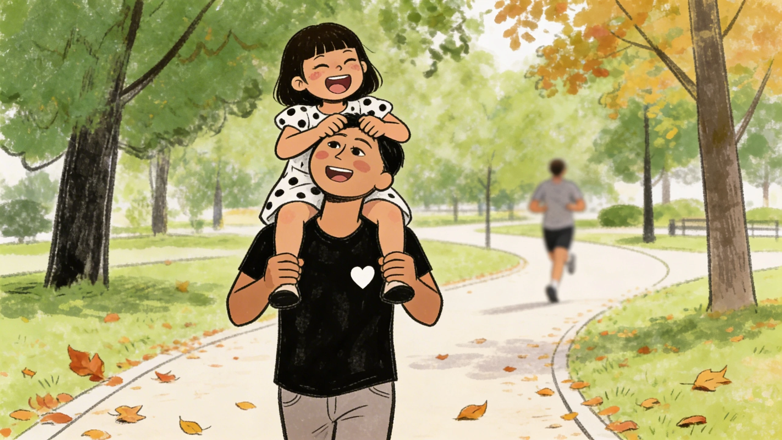 Father carries a child on his shoulders along a park path