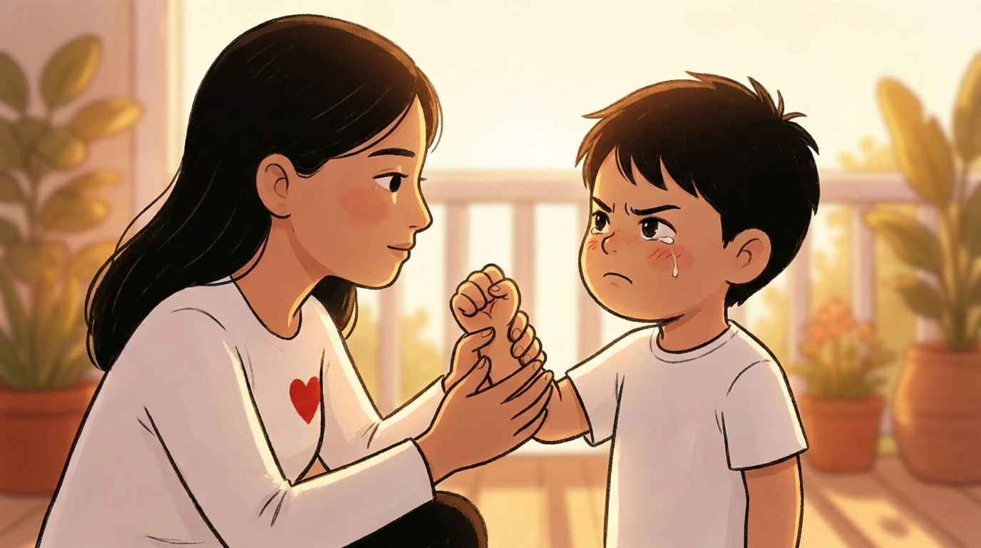 Mother kneeling and gently holding her frowning childs clenched fist, building empathy to reduce aggression.