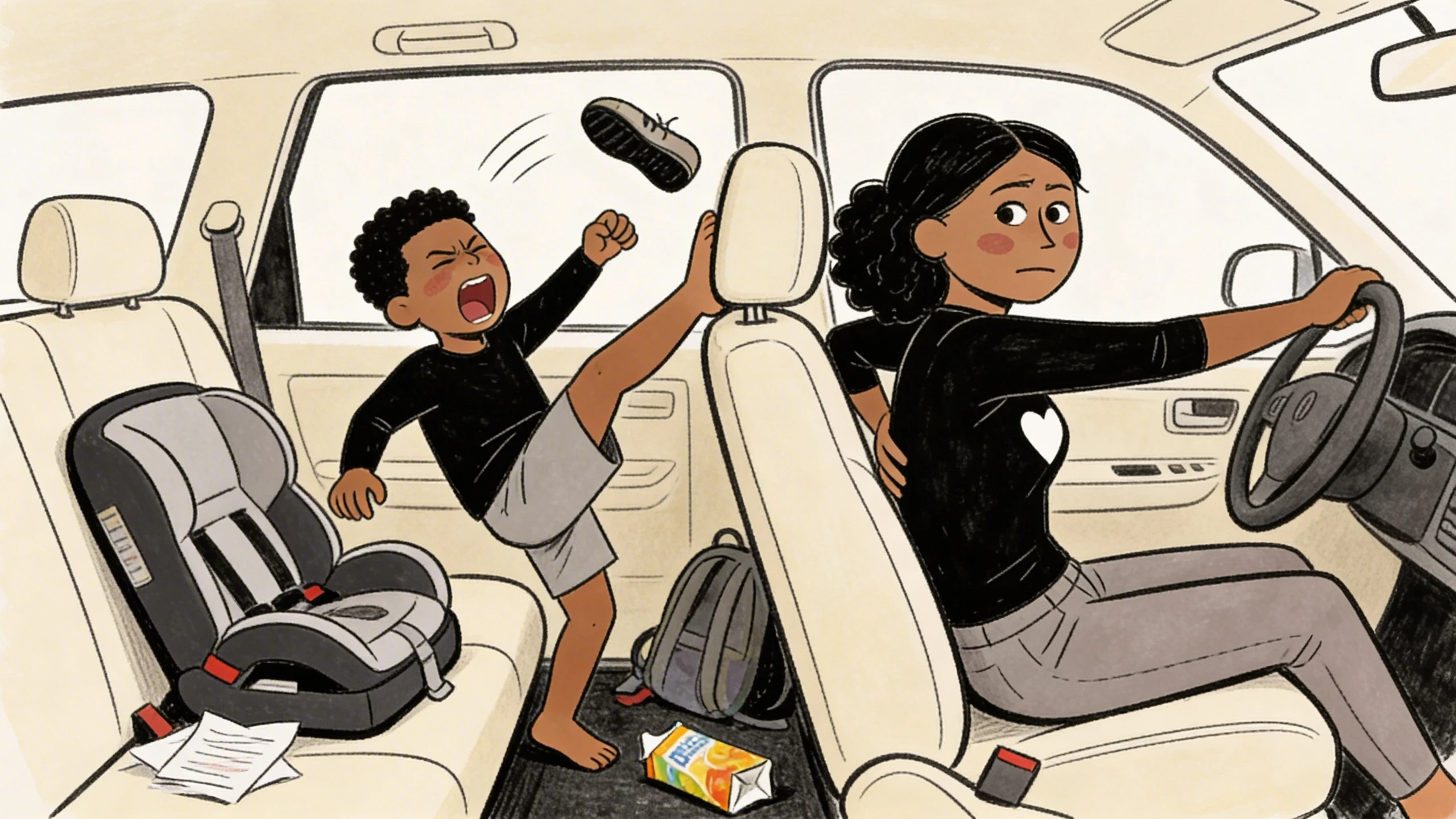 Child throwing a shoe in the backseat during an explosive aggression episode as parent drives