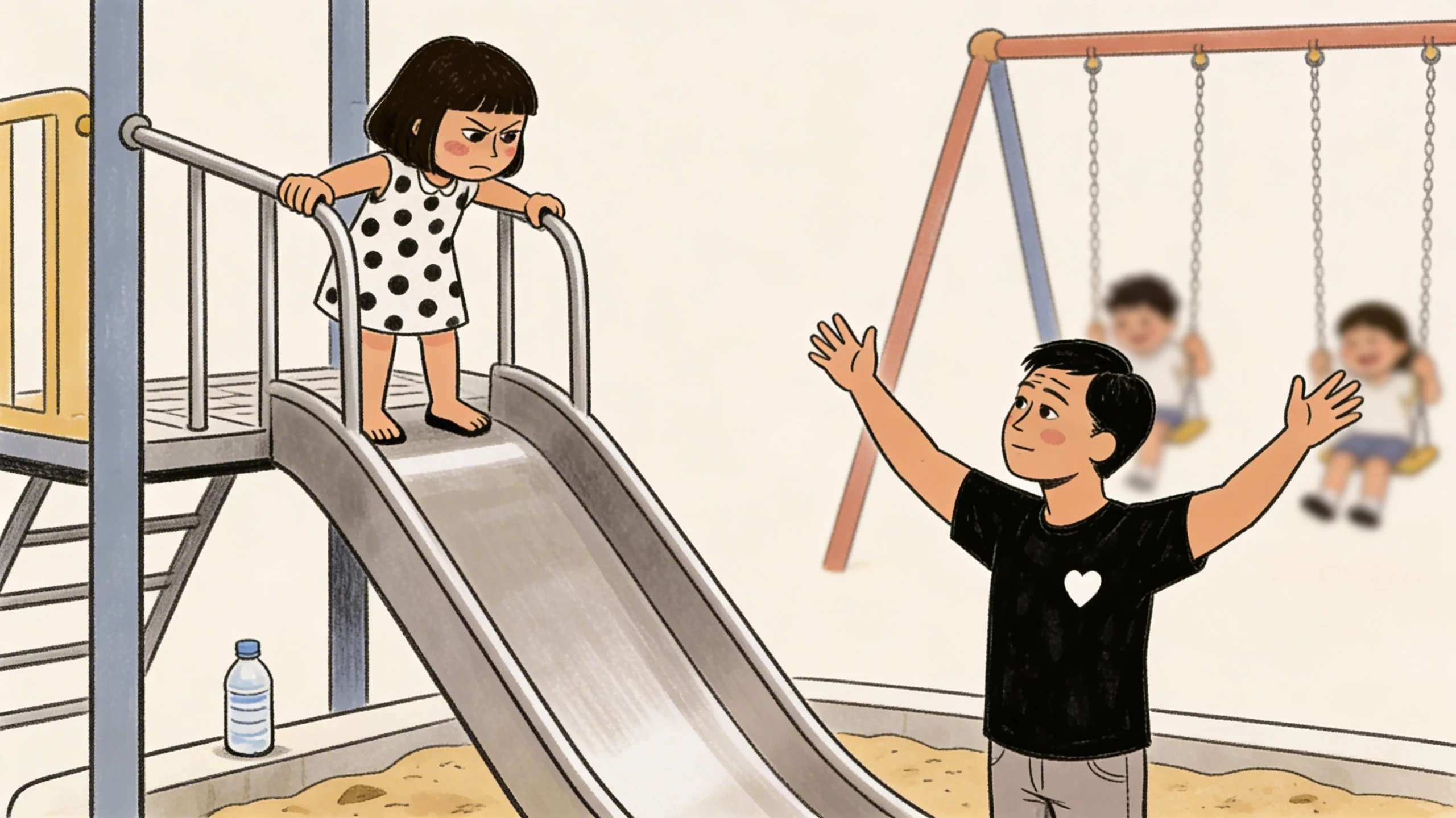 Adult at a playground holding arms open toward a child on a slide seeking calm after an outburst
