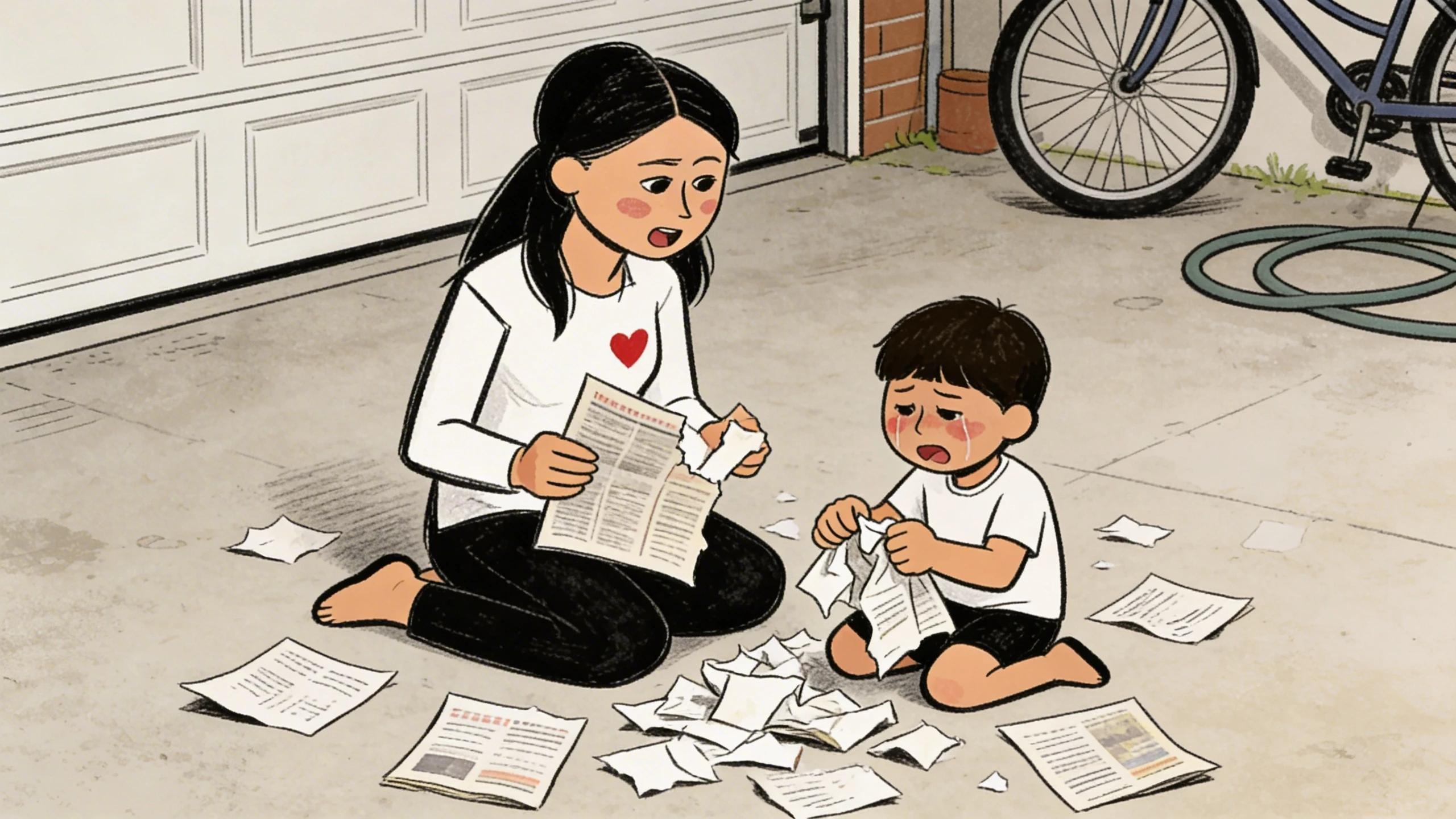 Mother sitting on a garage floor with toddler surrounded by torn papers, a reaction out of proportion