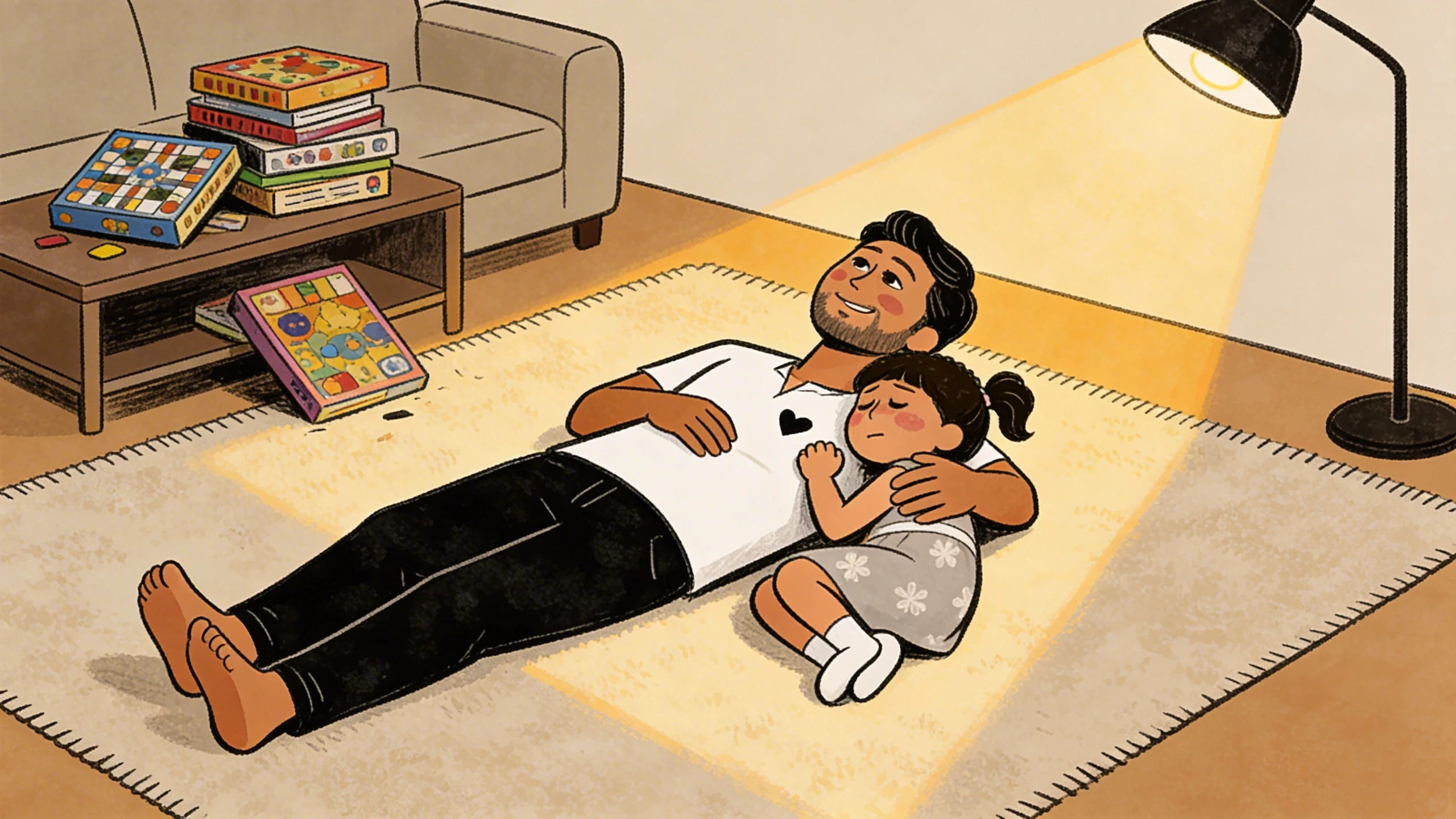 Father and young child lying together on a rug under warm lamp light after seeking a calm reconnection
