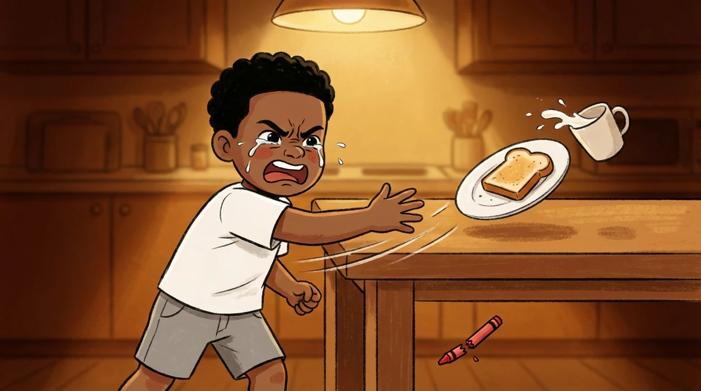 Child sweeping a plate and cup off a kitchen table in an explosive outburst of aggression.