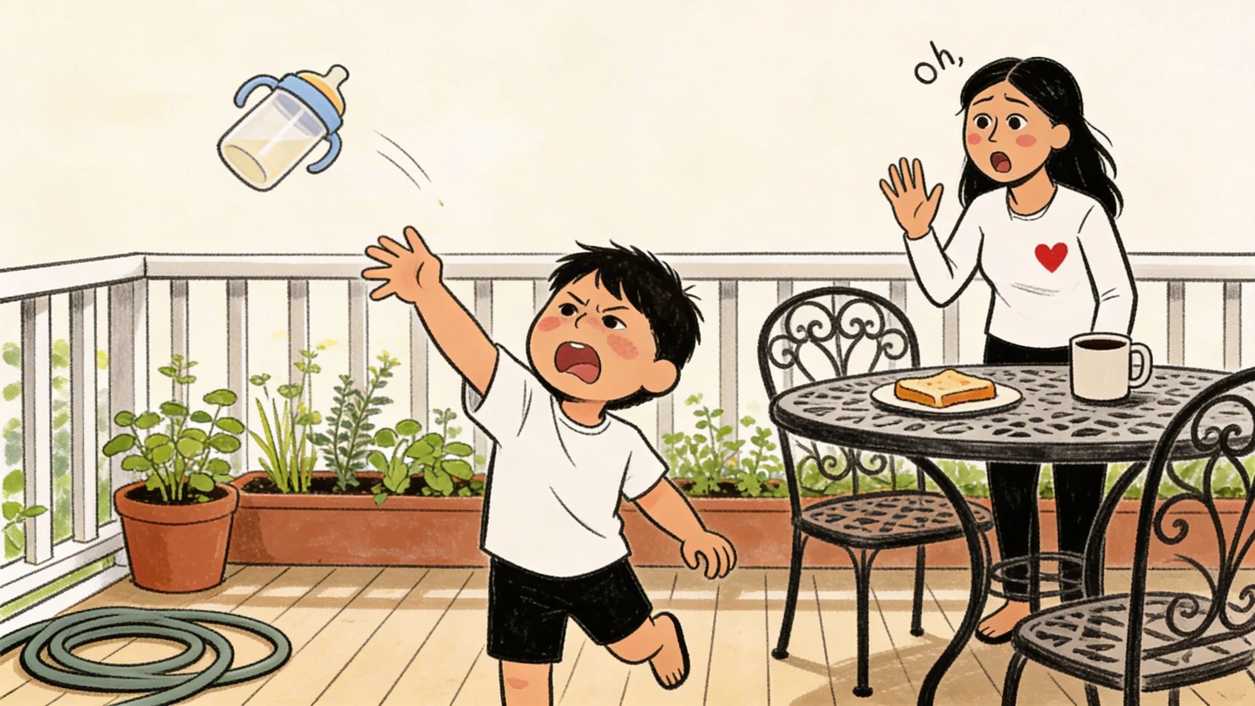 A toddler throwing a sippy cup on a balcony while a parent reacts with raised hands.