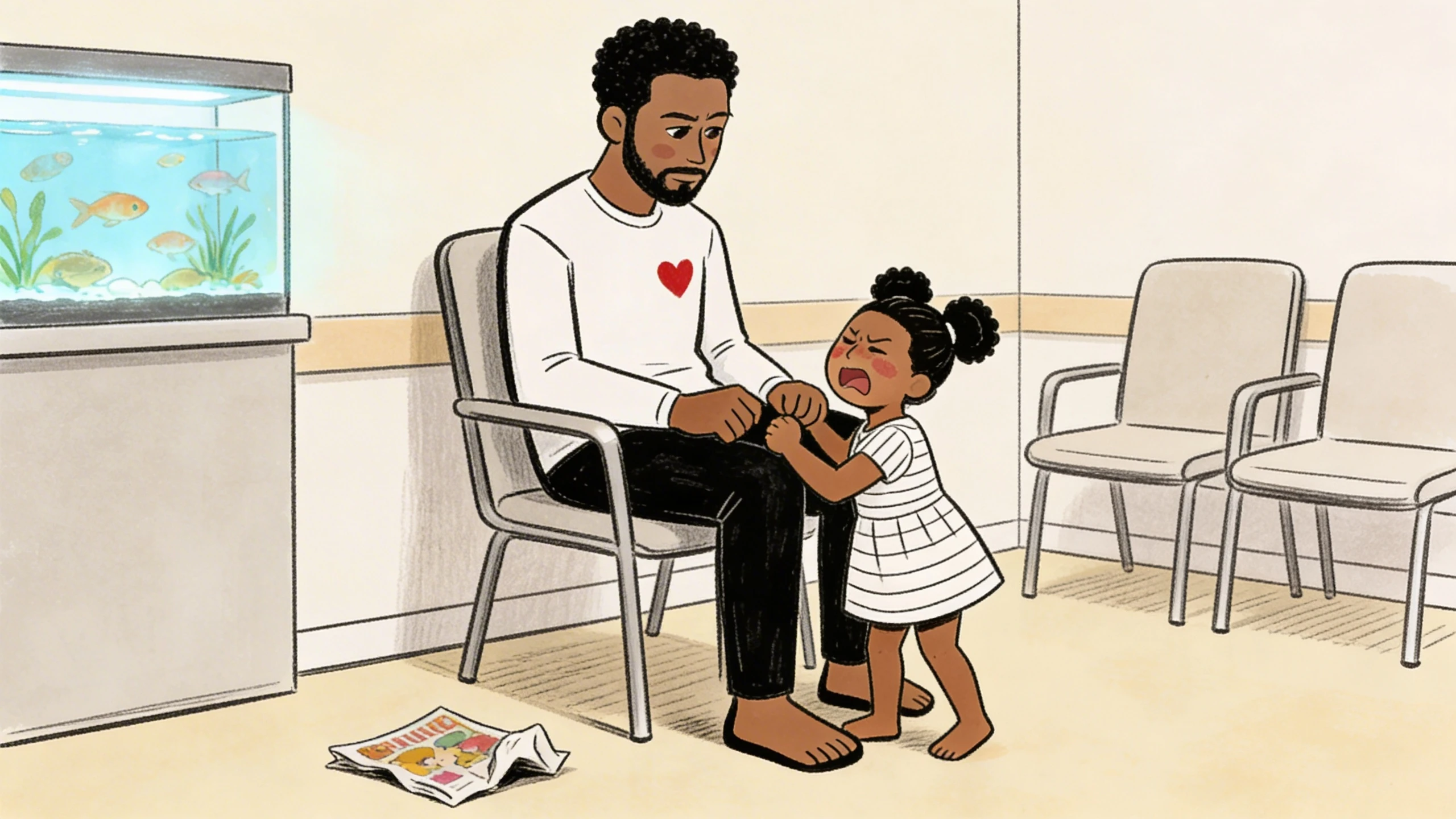 A young child pinching a seated parent's hand in a waiting room with a book on the floor.