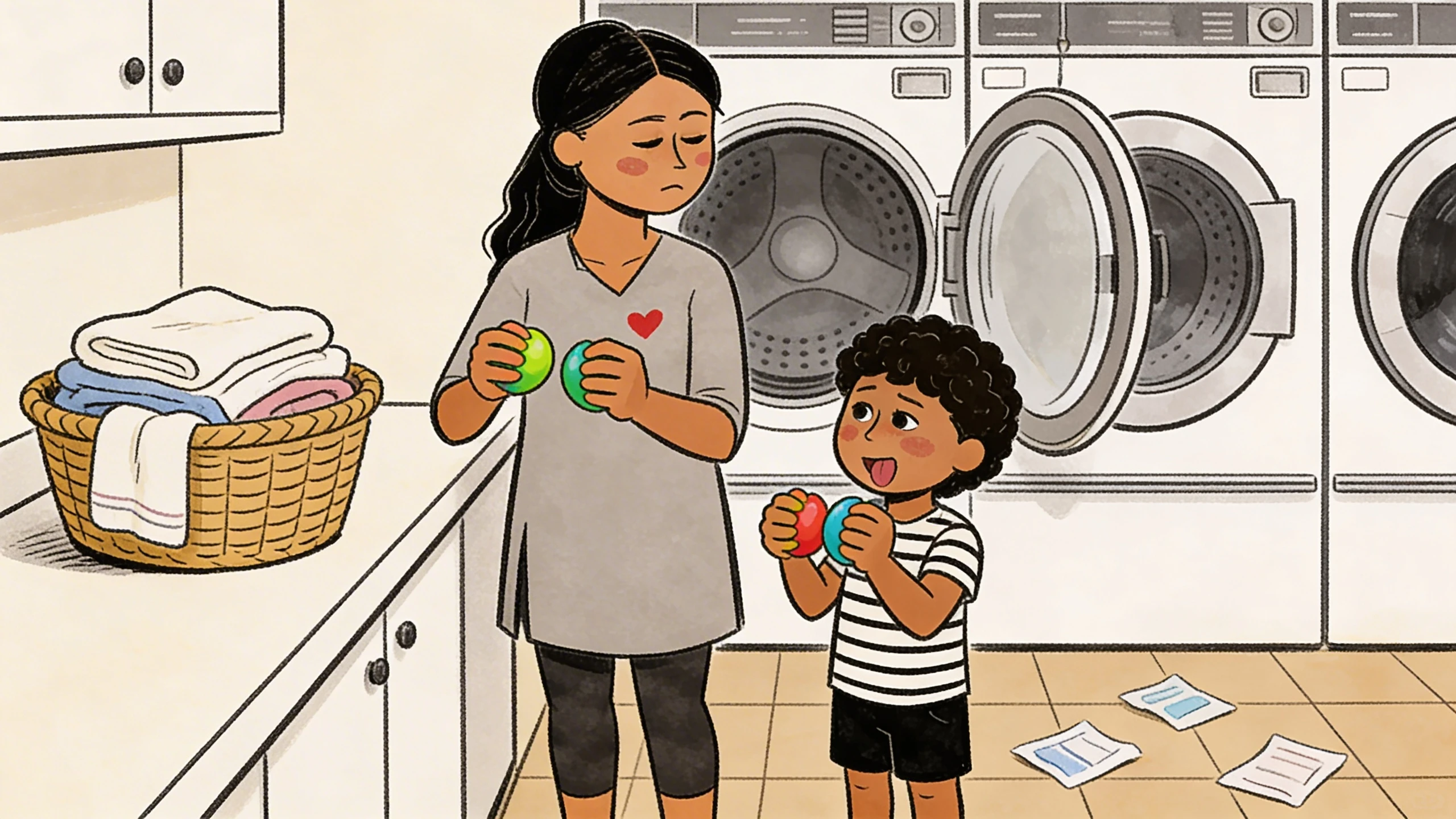 A parent holding squeeze balls beside a toddler in a laundry room with papers on the floor.