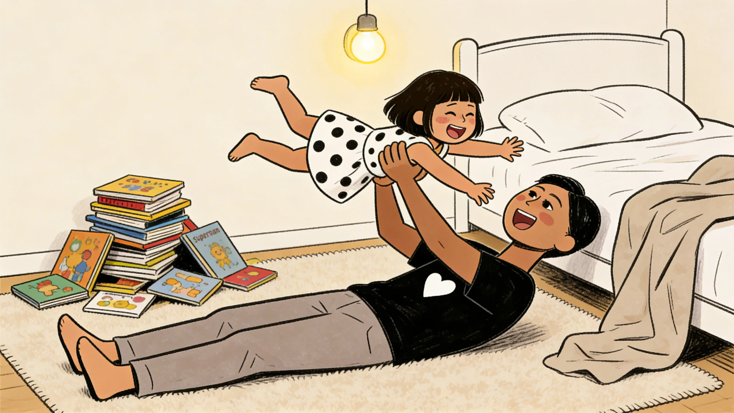 A parent lying on the floor lifting a laughing child overhead with stacks of picture books nearby.