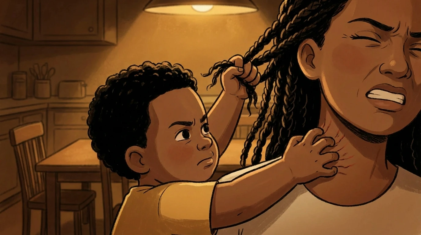 Toddler pulling a mothers hair with one hand while scratching her chest with the other in a kitchen.