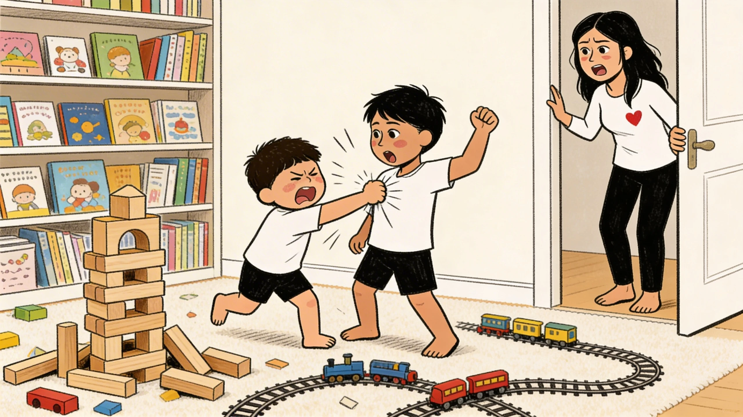 One sibling hits the other near building blocks and a toy train set while a parent rushes in to intervene safely.