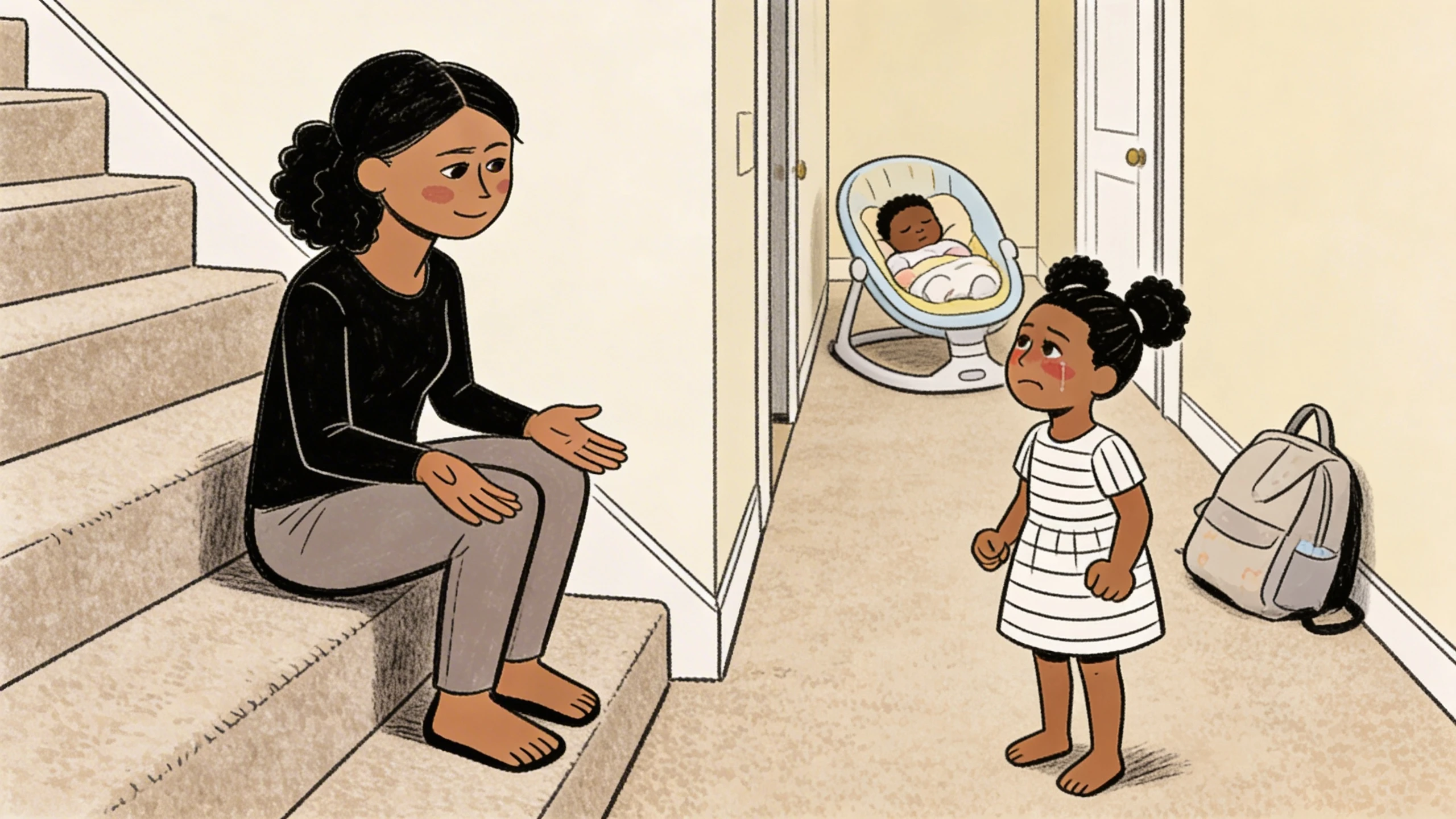 Parent sitting on stairs calmly using scripts to talk with a toddler while a newborn rests in a bouncer nearby.