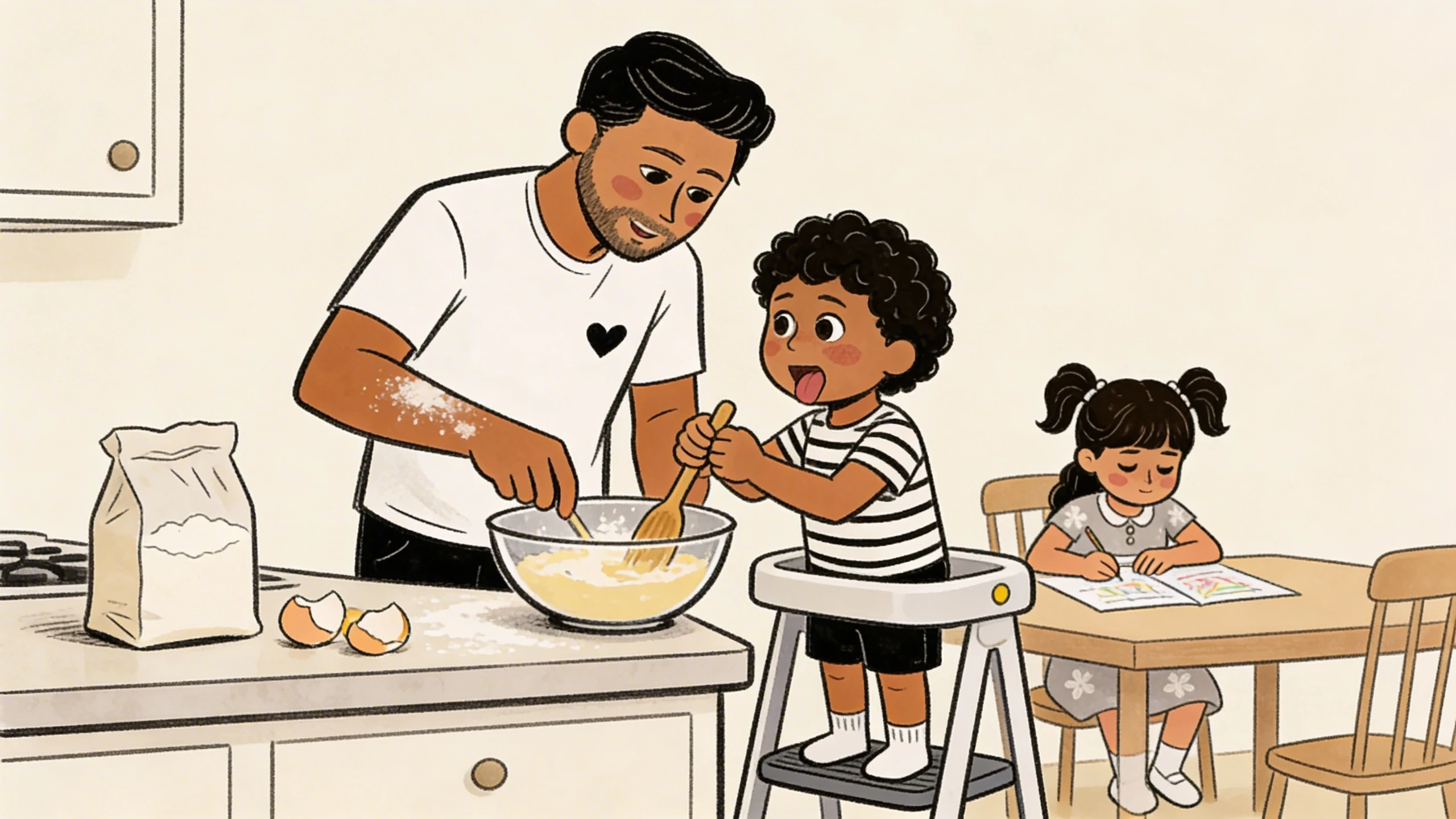 Father and toddler mixing batter together at kitchen counter while a younger sibling draws at the table.