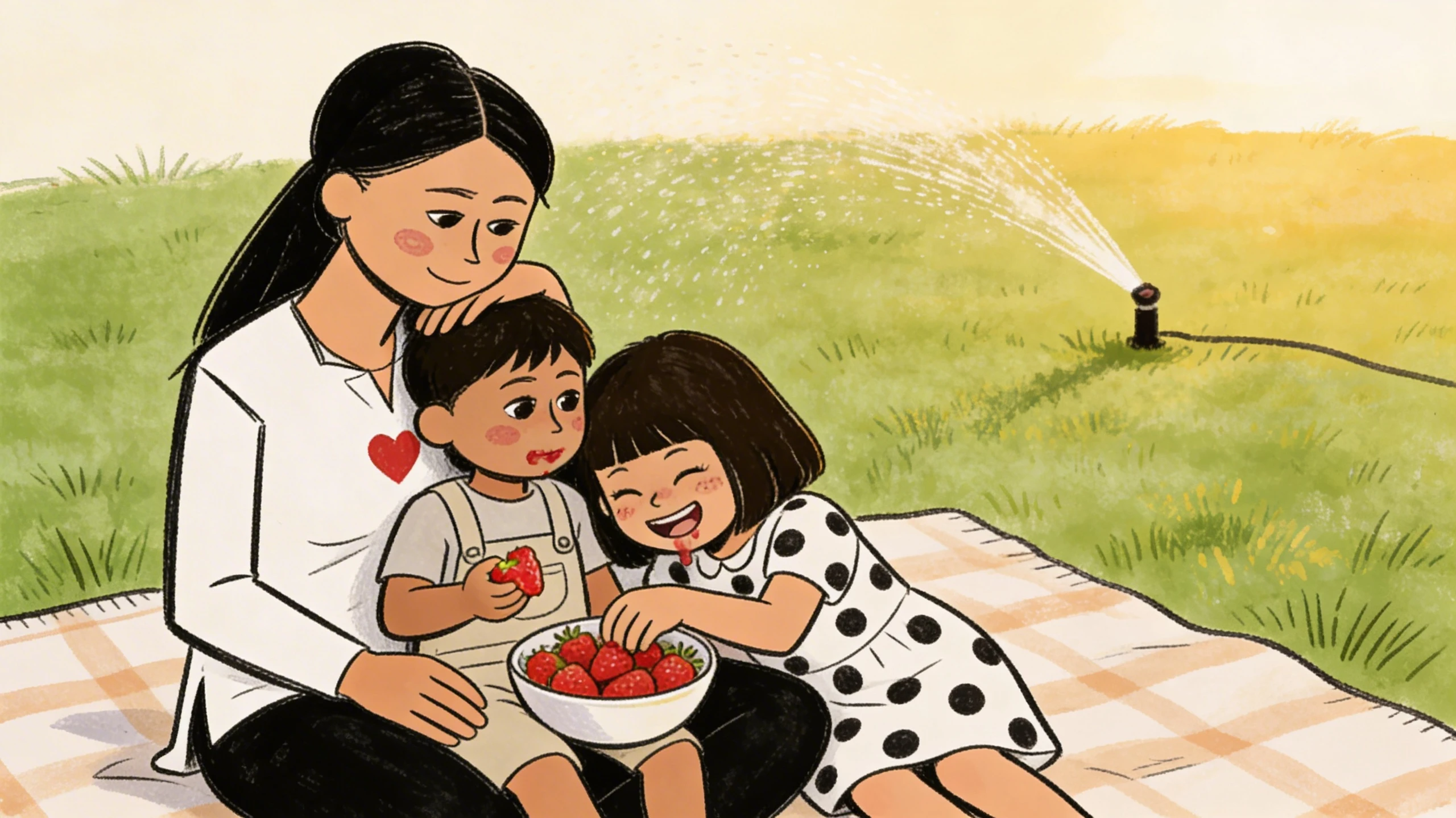 Mother and two siblings sharing strawberries on a picnic blanket outdoors in warm sunlight.