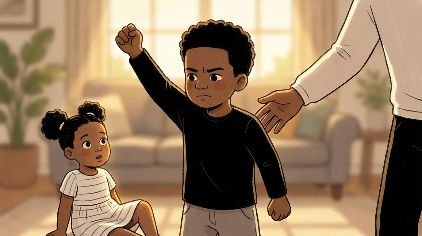 Child with raised fist stands over a sibling on the floor as a parent reaches in to intervene safely.