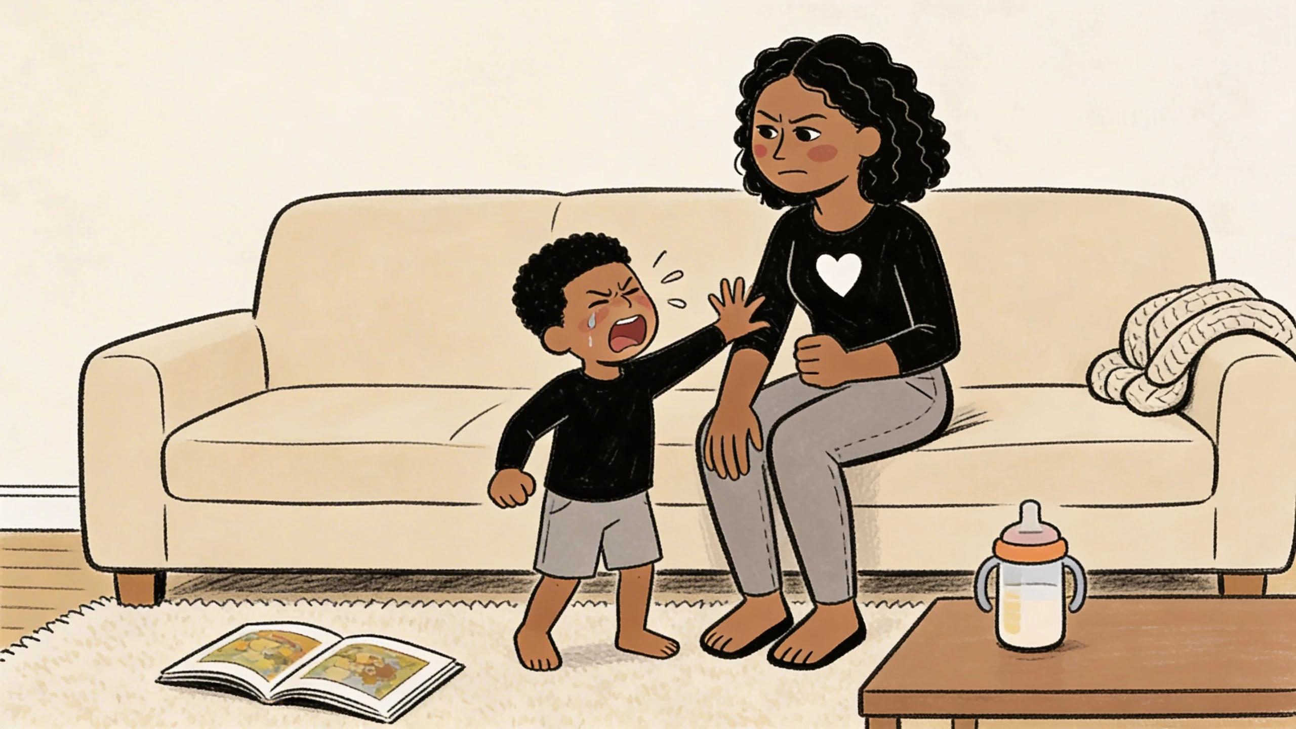 Toddler crying and swinging open hand at the parent who feels safest, seated on couch, book and cup nearby