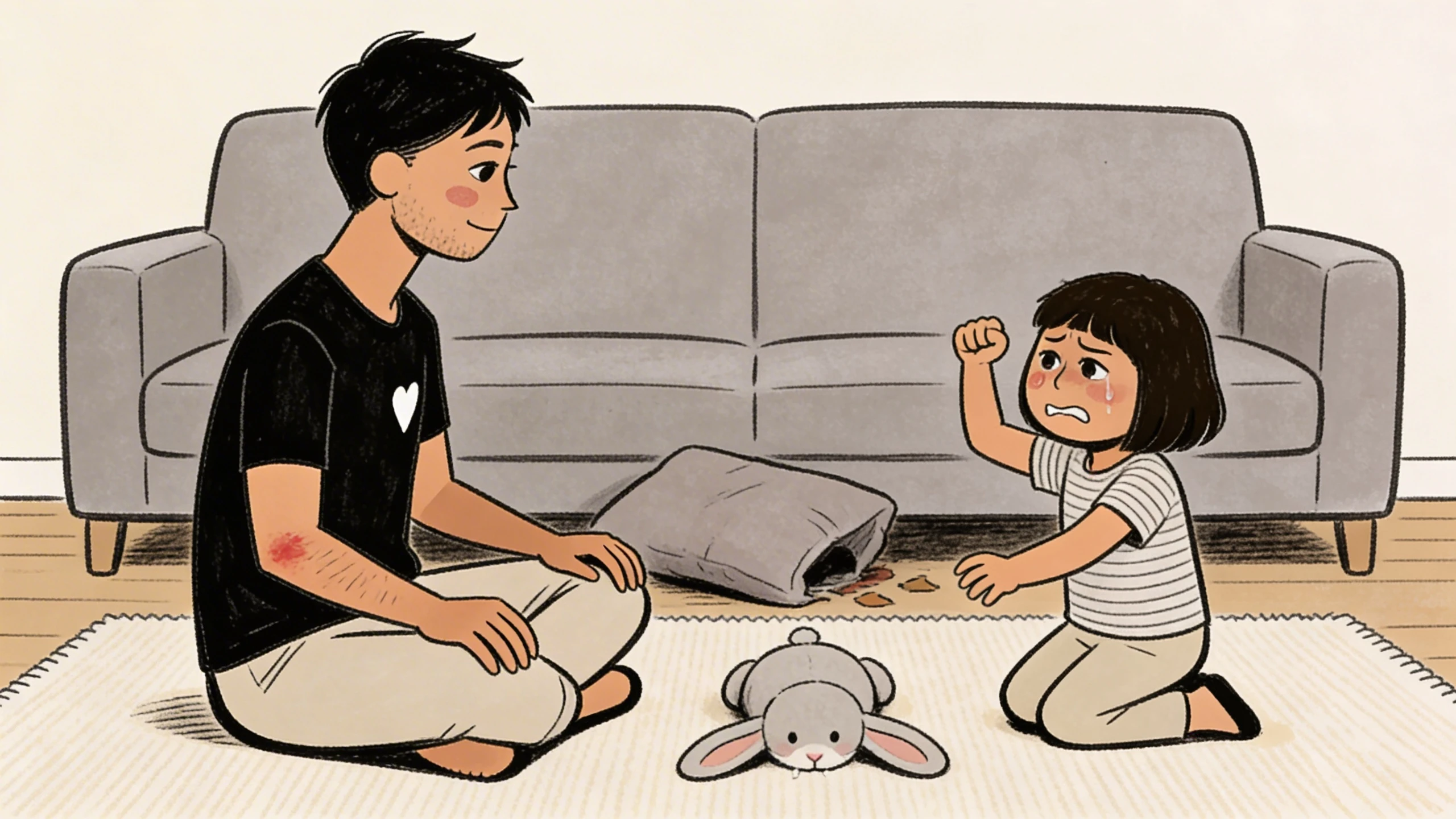 Parent sitting cross-legged on the floor as a toddler raises her fist, stuffed bunny between them