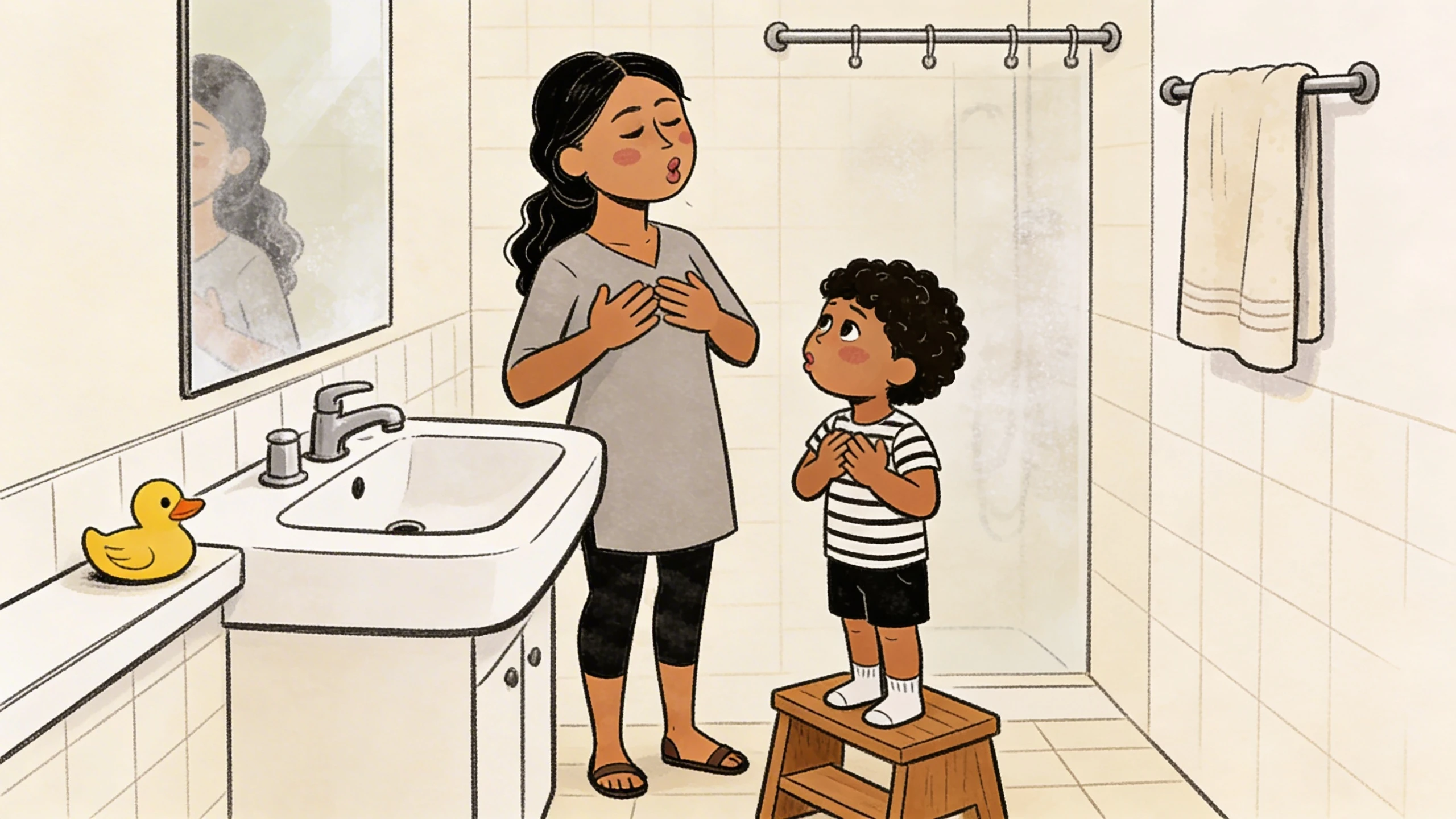 Parent and toddler standing at a bathroom mirror practicing slow deep breaths together, child on a step stool