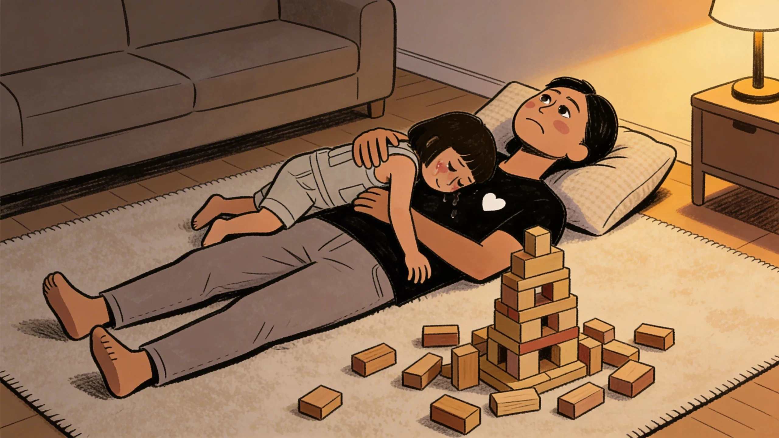 Parent and child lying on the rug in warm lamplight, child curled close against the safest adult, blocks nearby