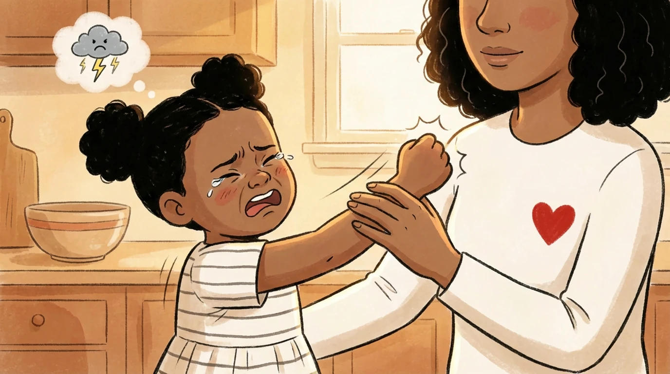 Toddler crying and hitting her mother on the arm in a kitchen while the parent gently holds her hand.