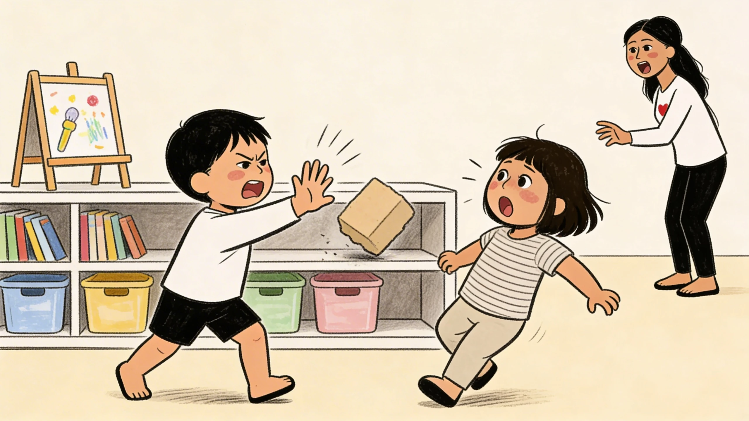 Toddler boy throwing a wooden block at a child in a daycare room as a teacher rushes toward them