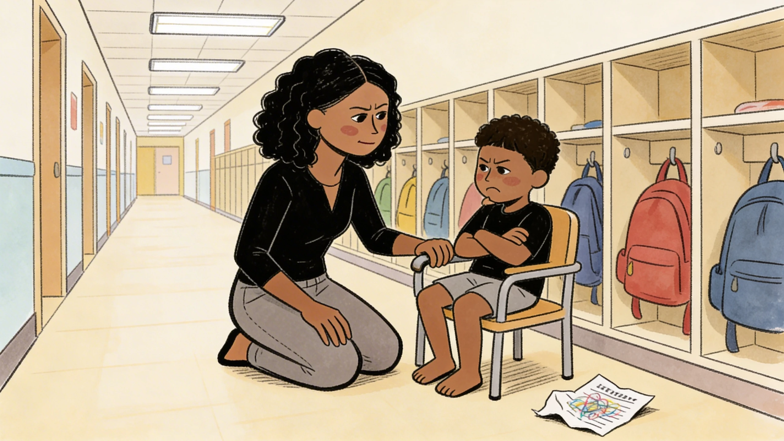 Mother kneeling beside a 4-year-old boy sitting with arms crossed on a chair in a daycare hallway
