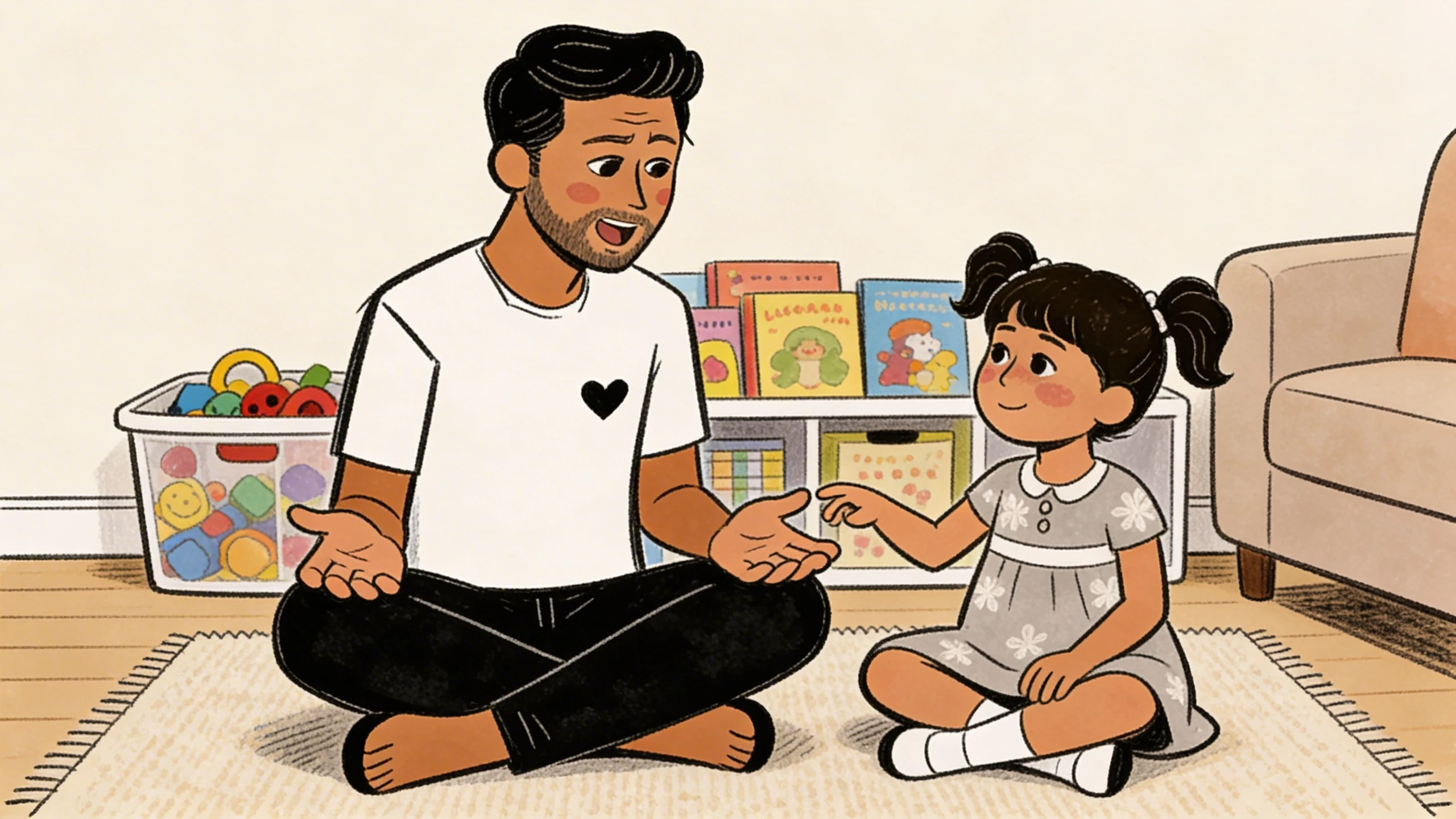 Father sitting cross-legged on a rug talking to a toddler child touching his open hand at home