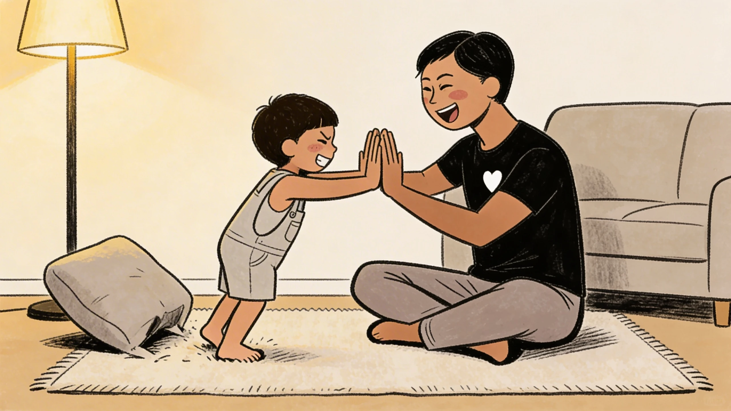 Mother and toddler boy pressing palms together in a high-five on a living room rug beside a couch