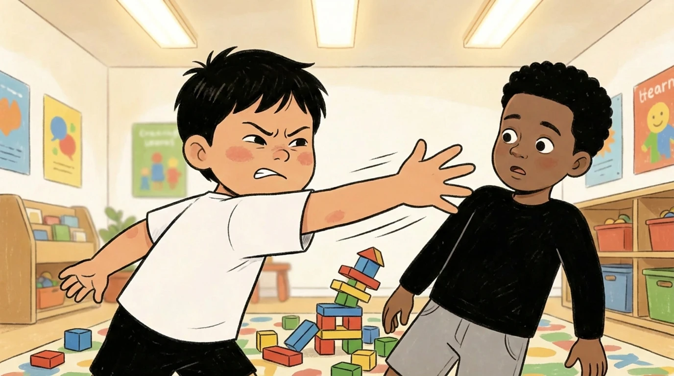 Toddler pushing a peer near scattered building blocks in a daycare classroom.