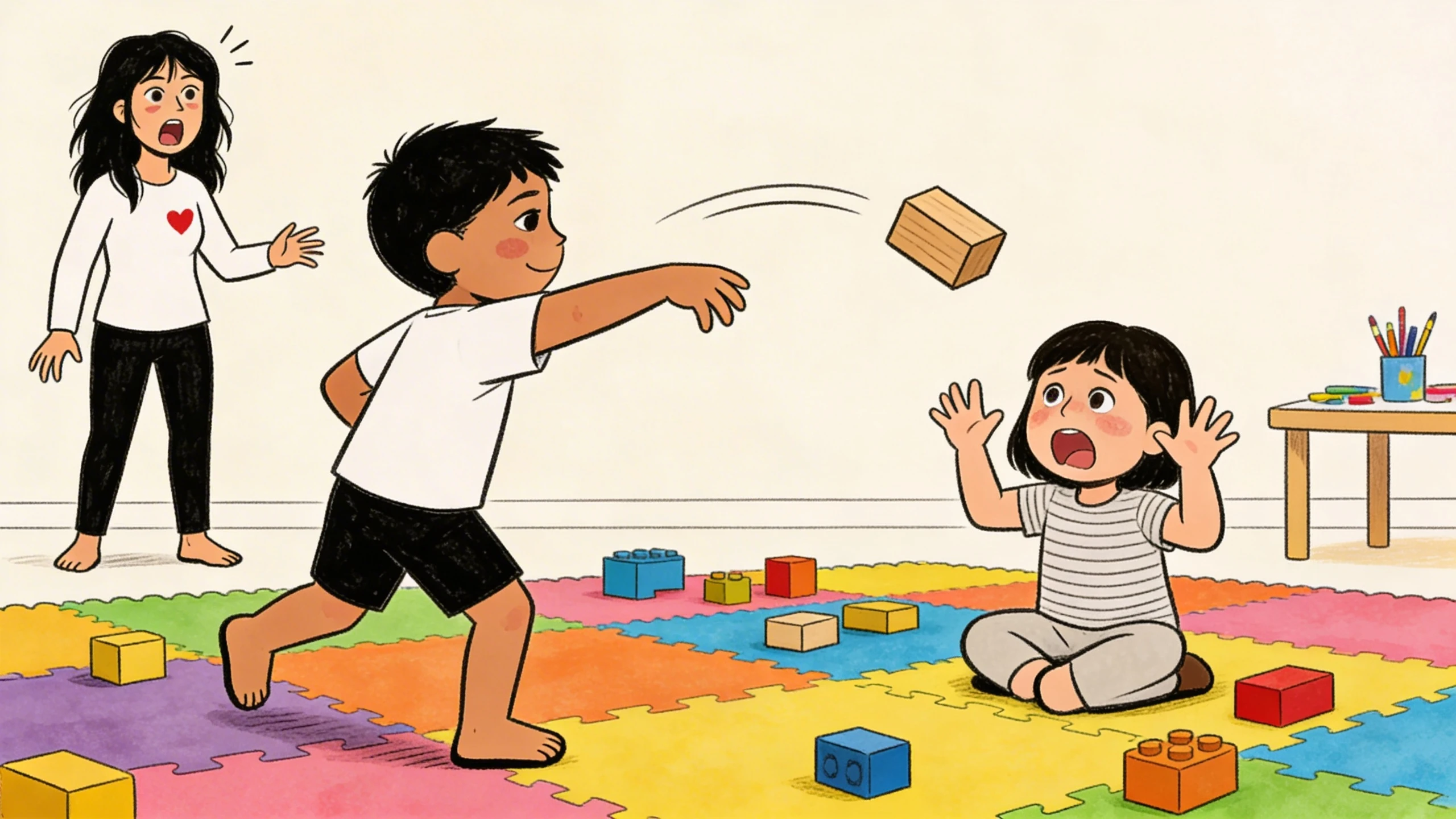 Boy throwing a block at a seated child on a play mat while a parent watches - a child labeled the bully in action