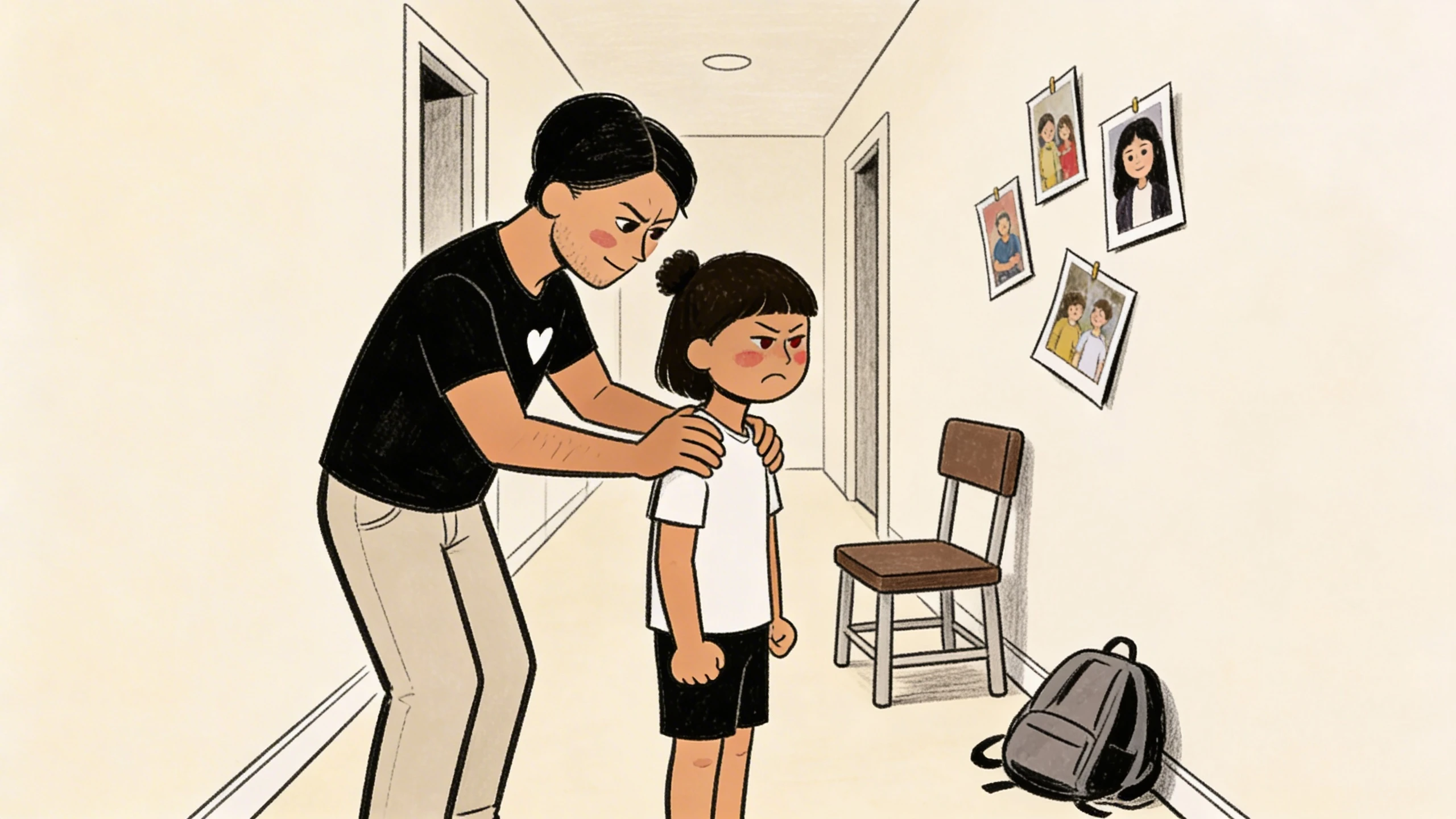 Parent crouching in a hallway to speak with a child holding a backpack after school