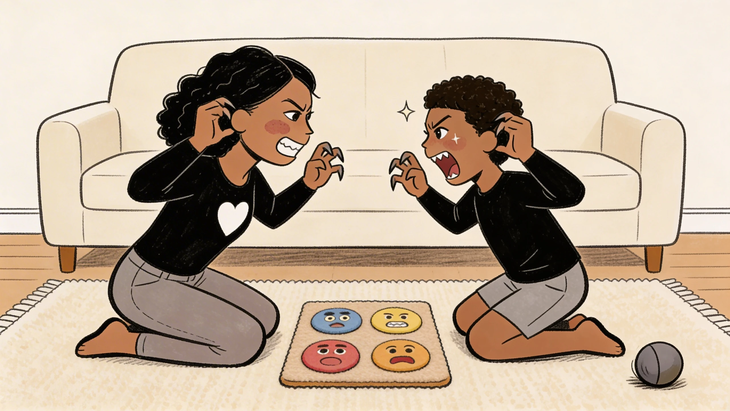 Parent and child facing each other on a rug with an emotion faces board between them