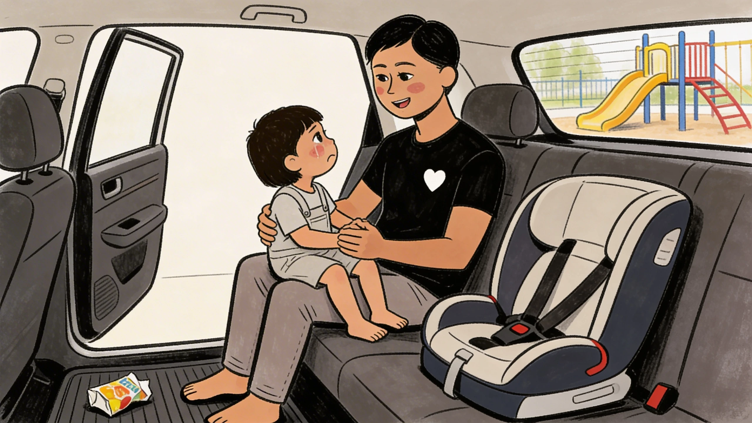 Parent sitting in car backseat talking with toddler near a playground visible through the window