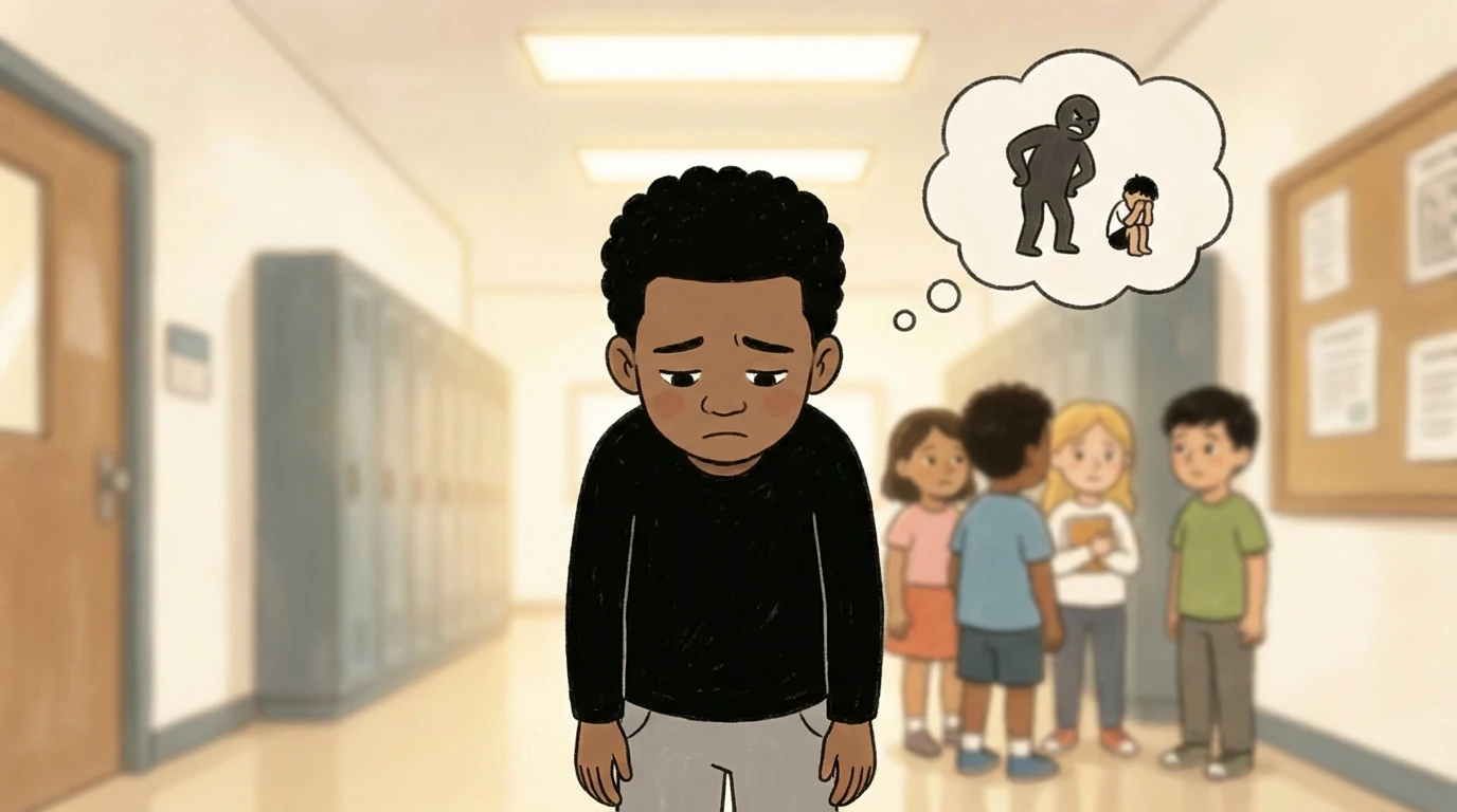 Child labeled the bully stands alone in a school hallway while other children huddle together in the background.