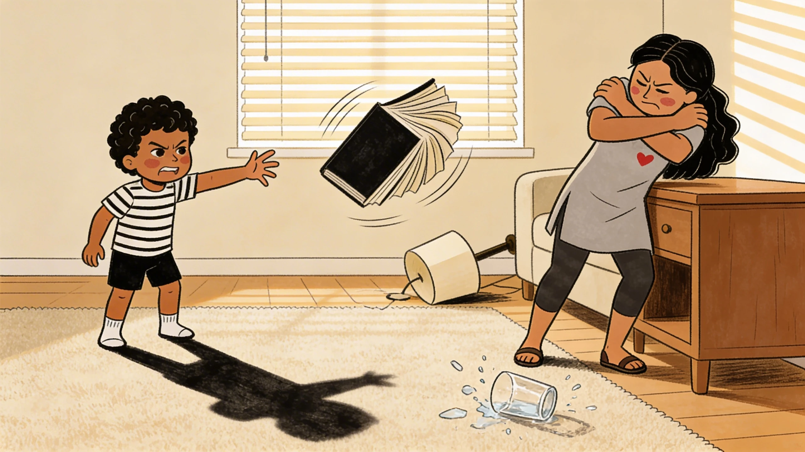 Young child throwing a book at a parent shielding herself - an example of why hitting happens at home