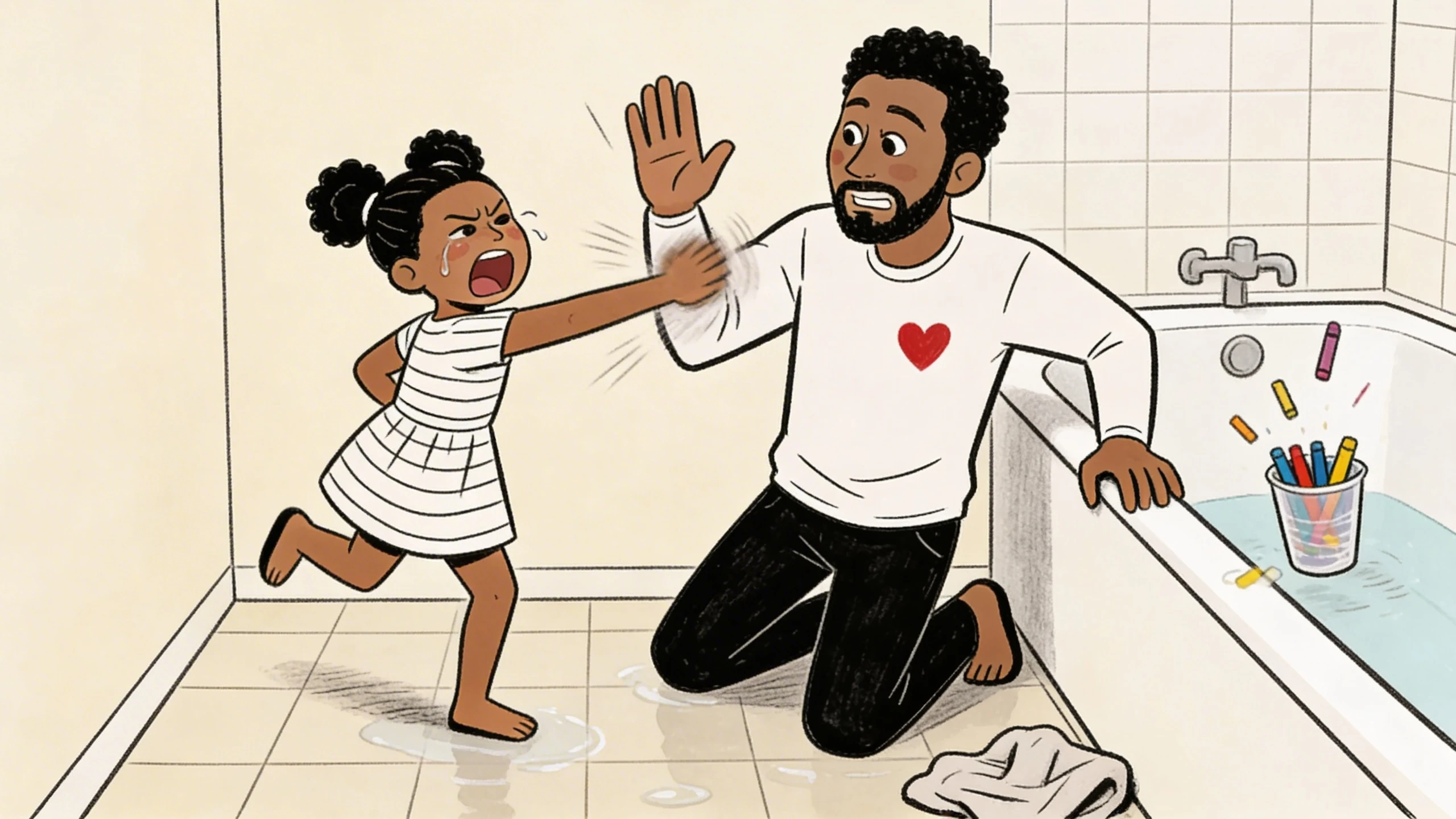 Young child striking toward a kneeling father by the bathtub as he raises a hand to respond