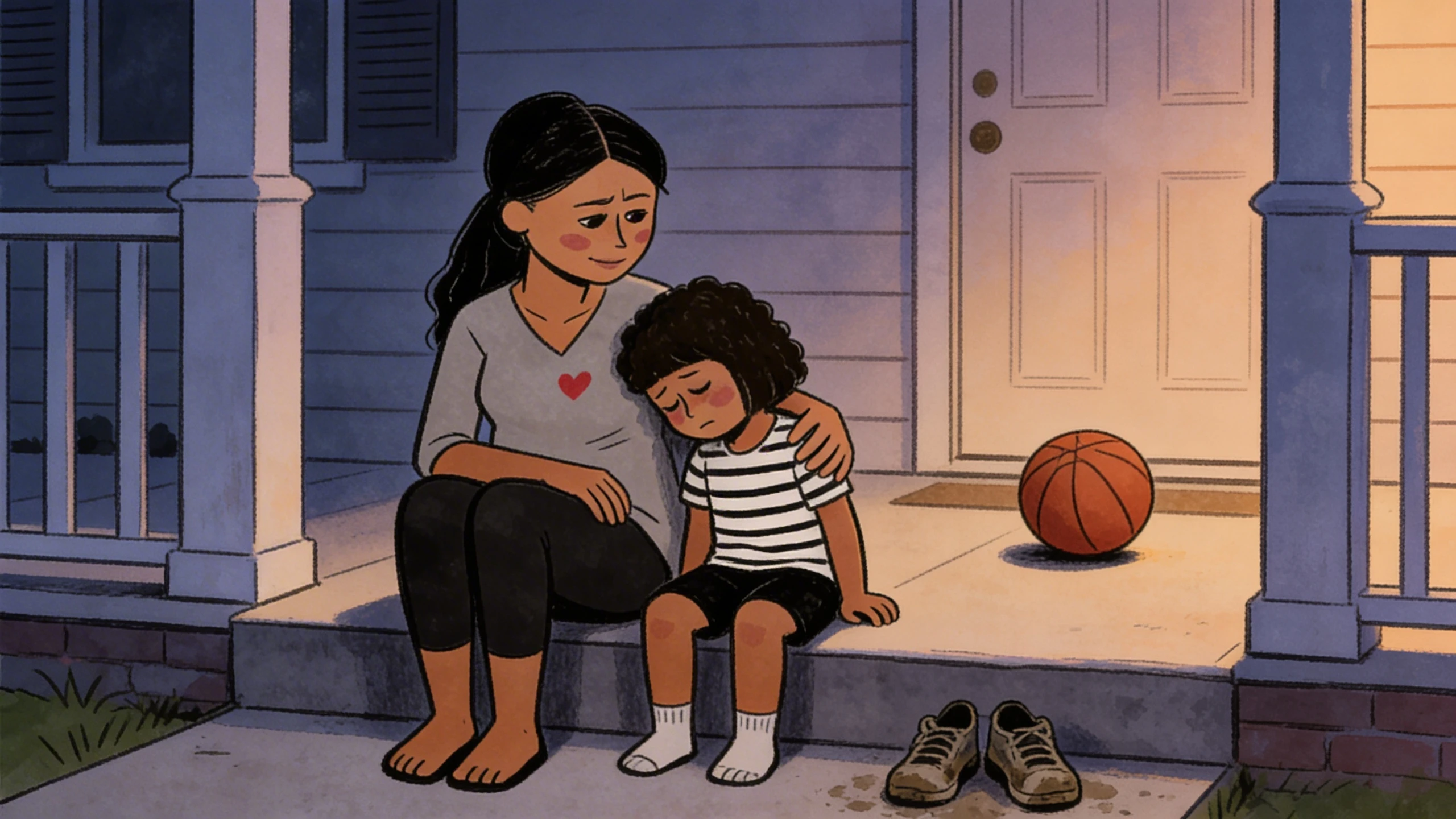 Mother sitting with arm around a child on porch steps after conflict, responding differently