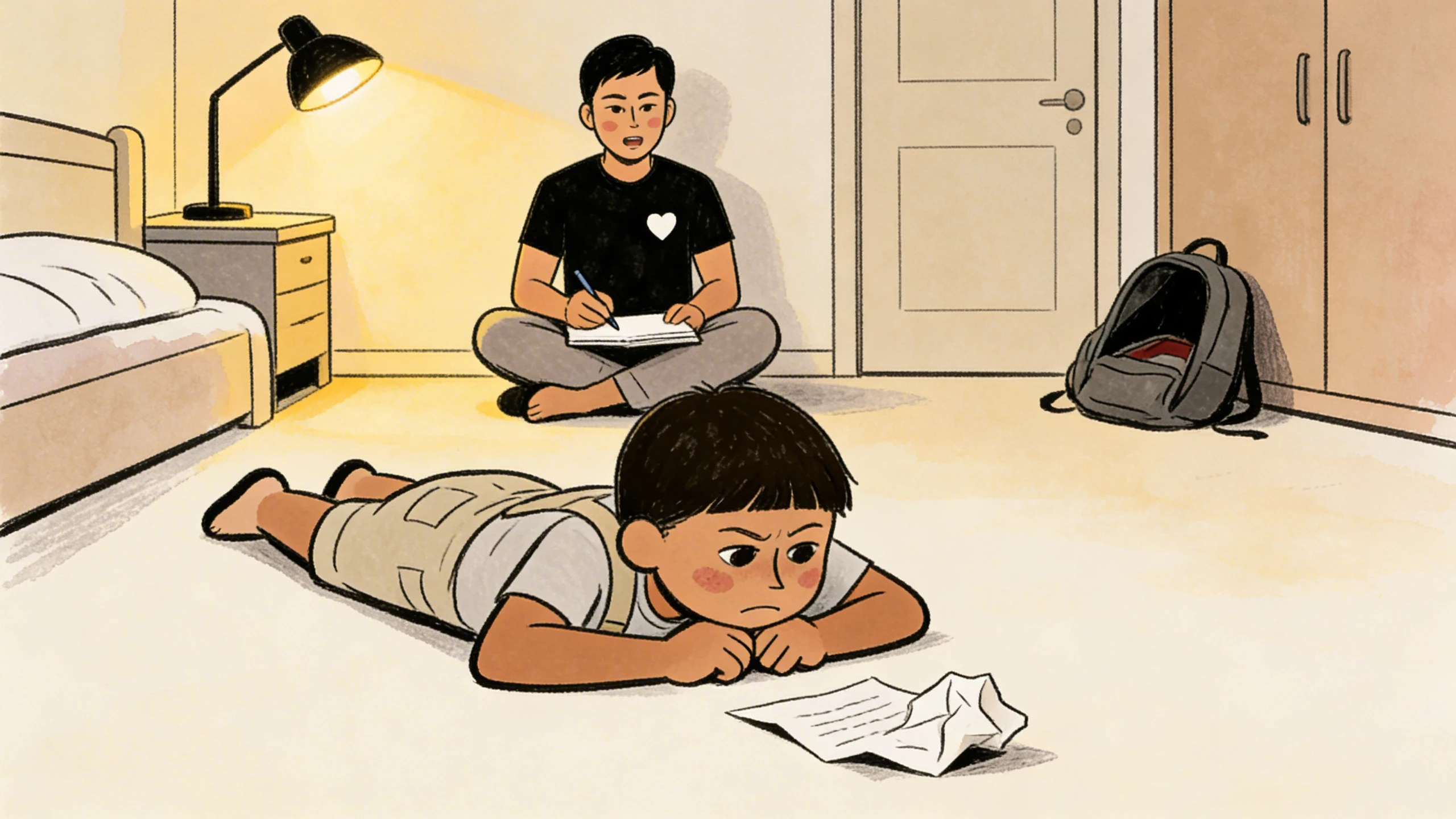 Older child lying on floor with crumpled paper while a parent writes nearby under a lamp