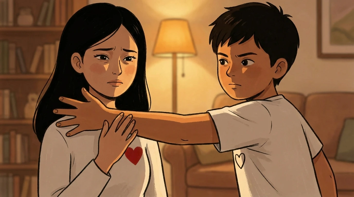 Older child pushing his hands against a parent who holds her arms up to respond in a living room.