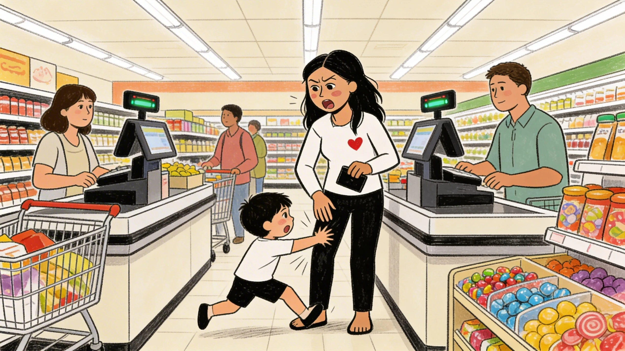 Child pulling on mother's arm at a busy grocery store checkout