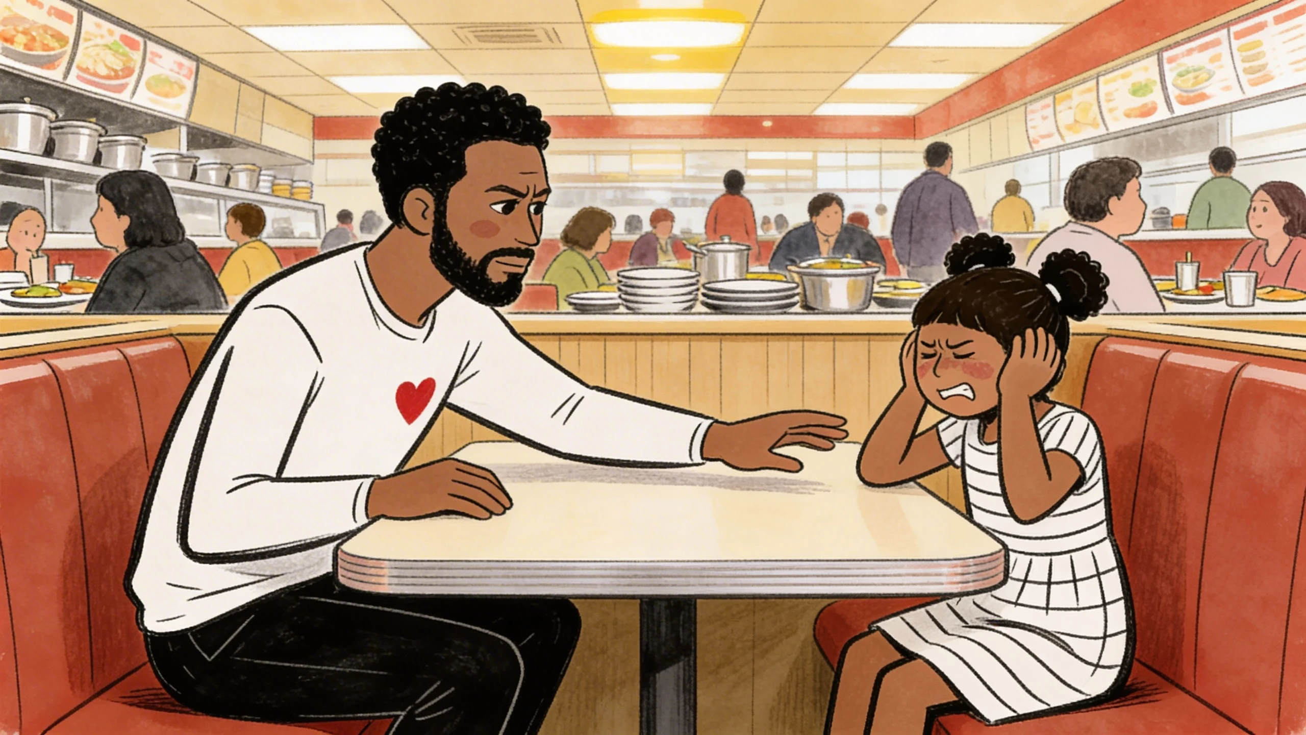Father reaching toward a child covering her ears at a noisy diner booth, a classic sign of sensory overload
