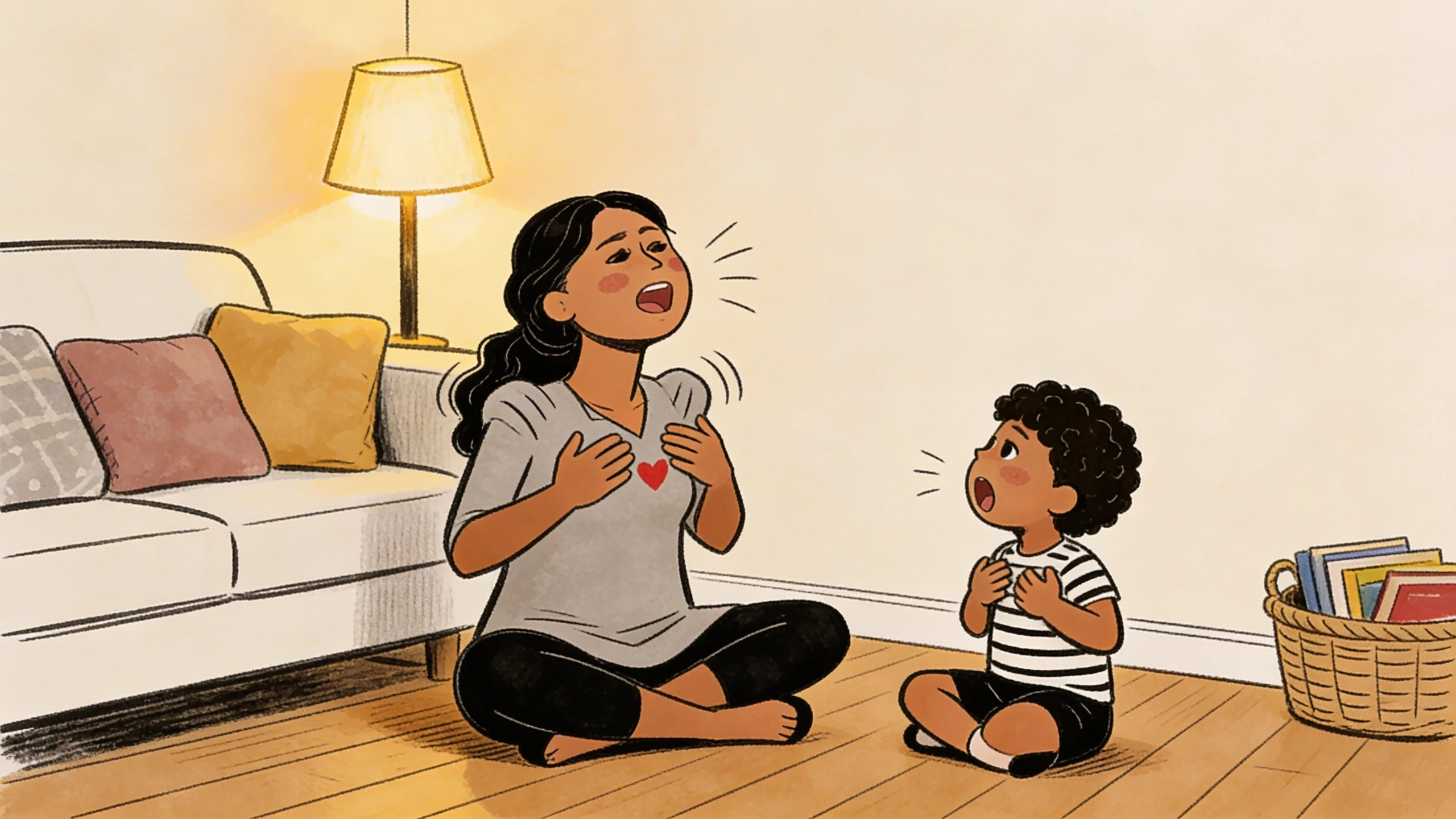 Parent and toddler on a living room floor doing chest-tapping breathing exercises to ease frustration-driven tension