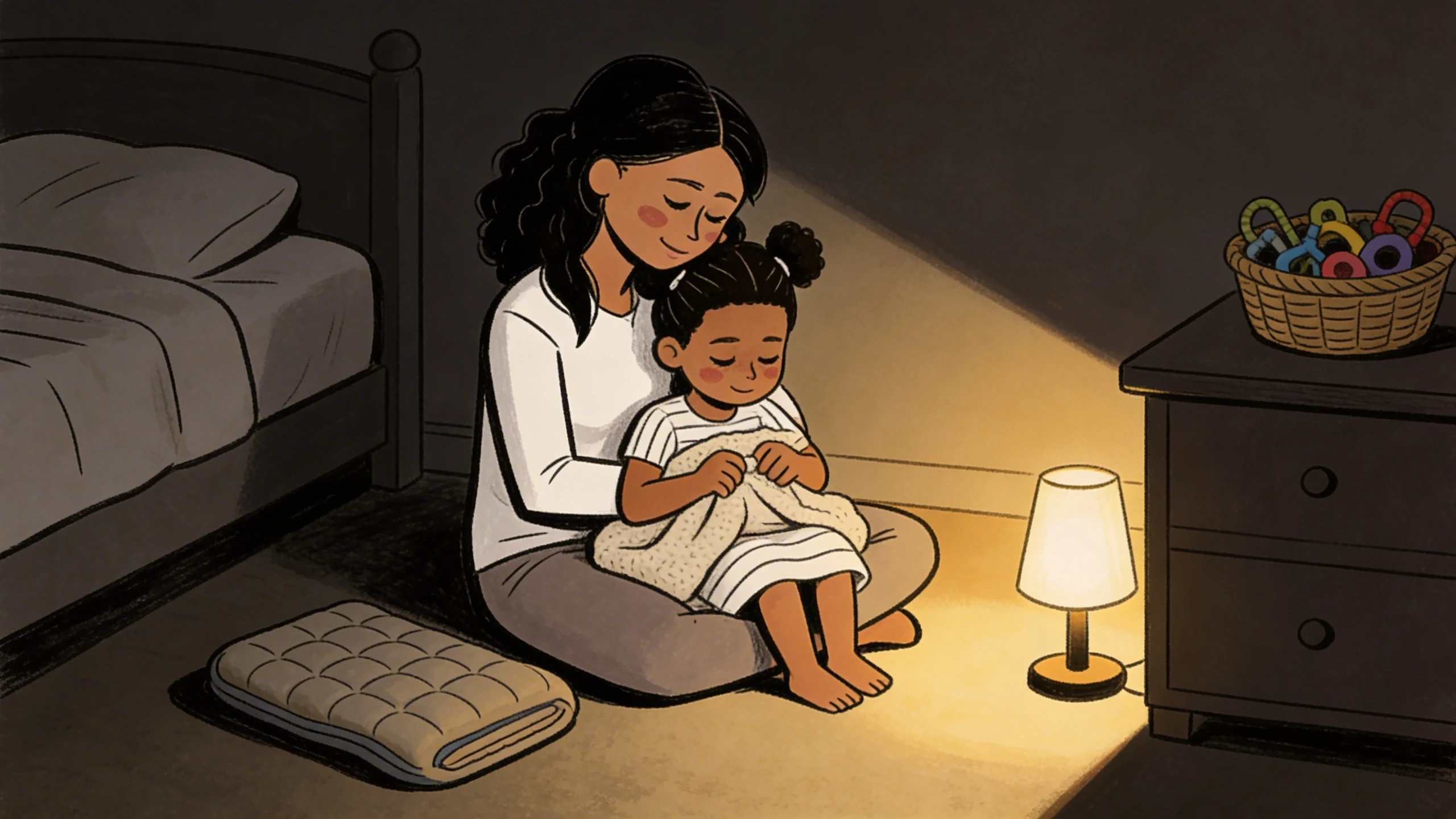 Mother cradling a child wrapped in a blanket on a dim bedroom floor beside a small nightlight and basket of toys