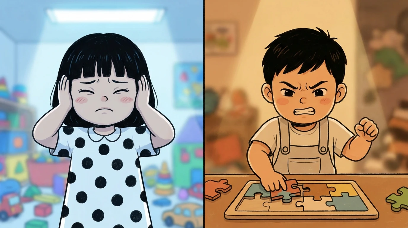 Child covering ears under bright light next to a child slamming a fist on an unfinished puzzle showing sensory-driven aggression.