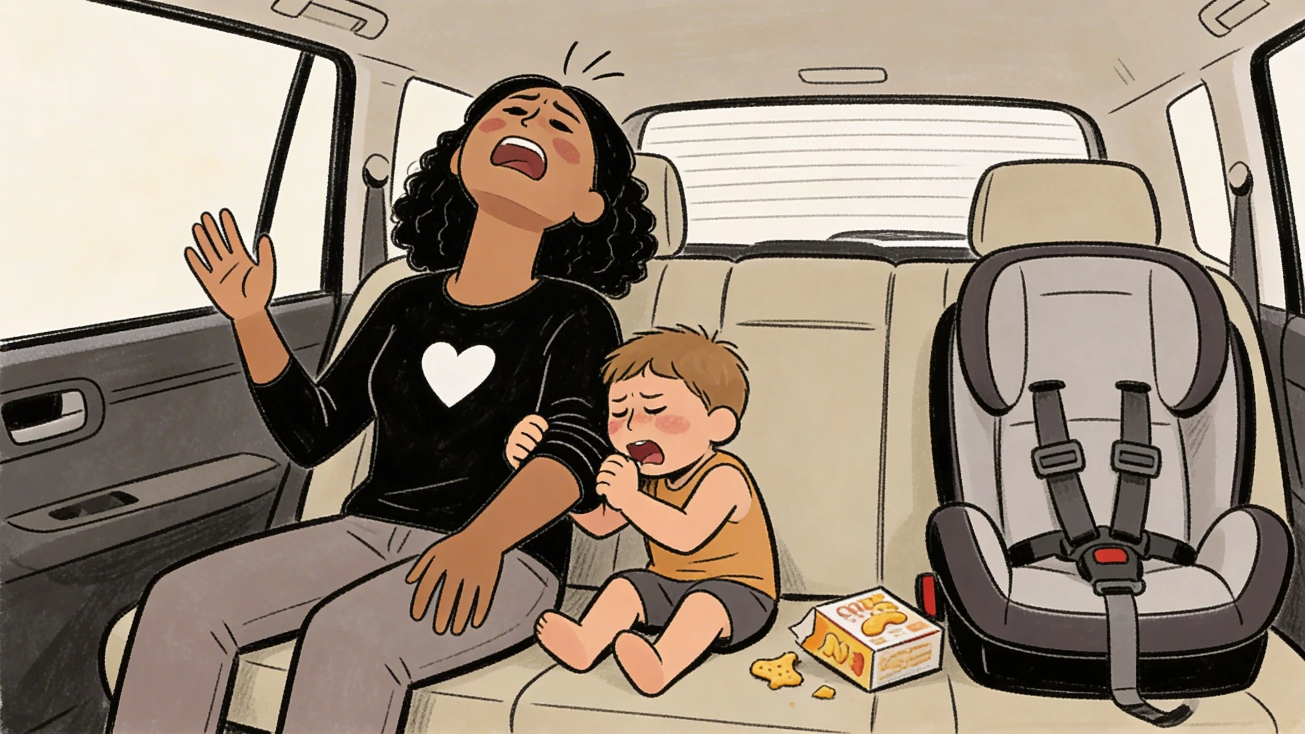 Toddler boy biting mother's arm in car back seat next to a car seat and spilled snack box