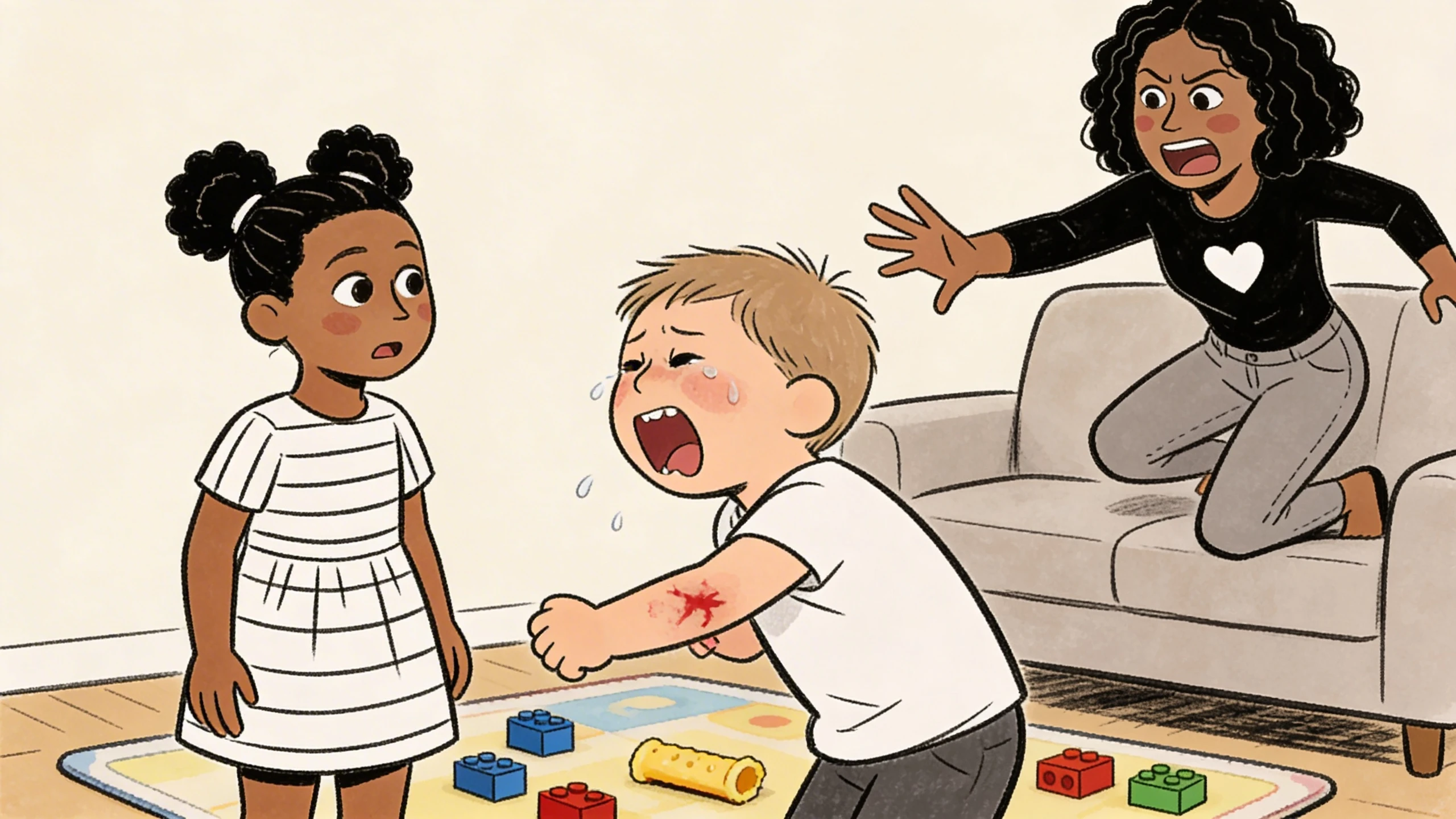 Boy about 3 crying with bite mark on his arm while child stands nearby and mother rushes from sofa in living room