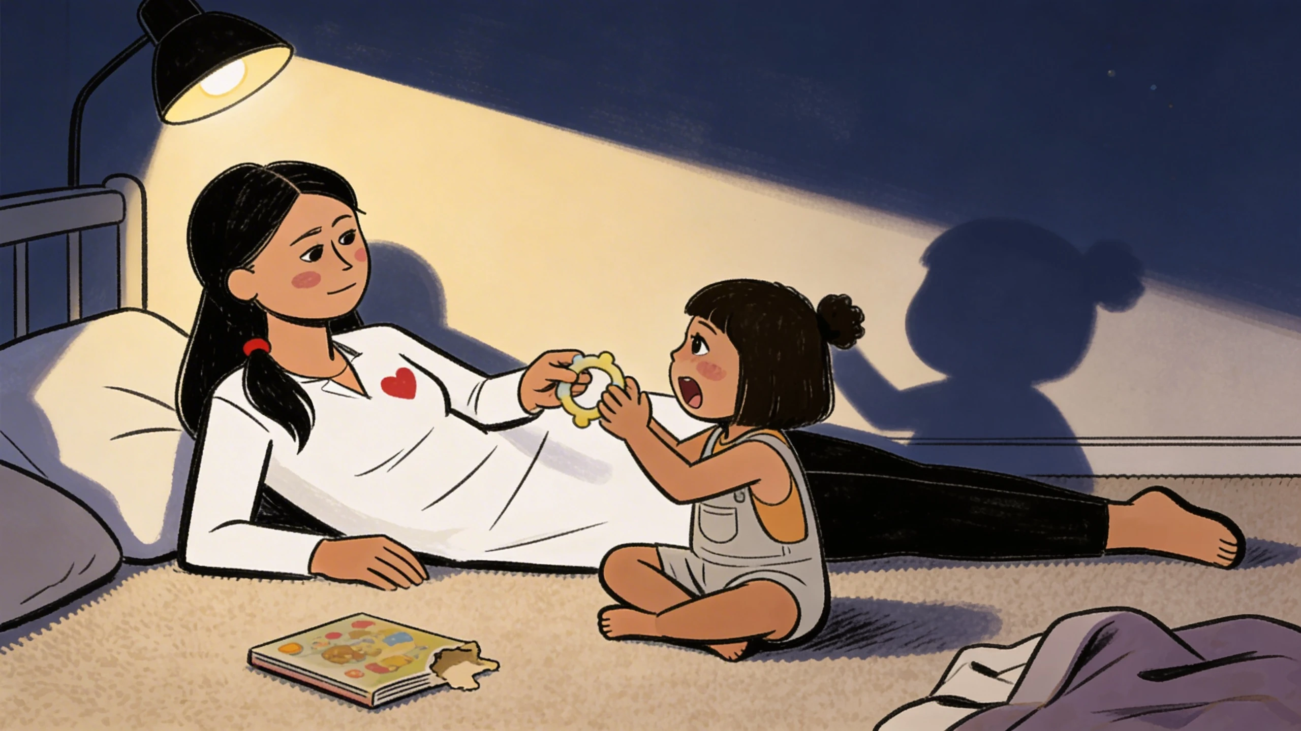 Mother lying on bedroom floor offering teething ring to toddler child who mouths it under a desk lamp beside a book