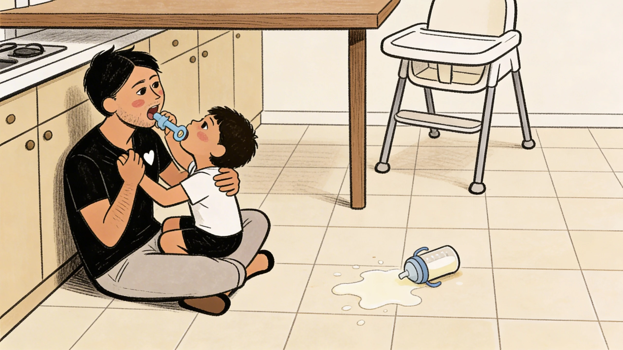 Father sitting on kitchen floor holding teether to toddler boy's mouth near a high chair and spilled sippy cup